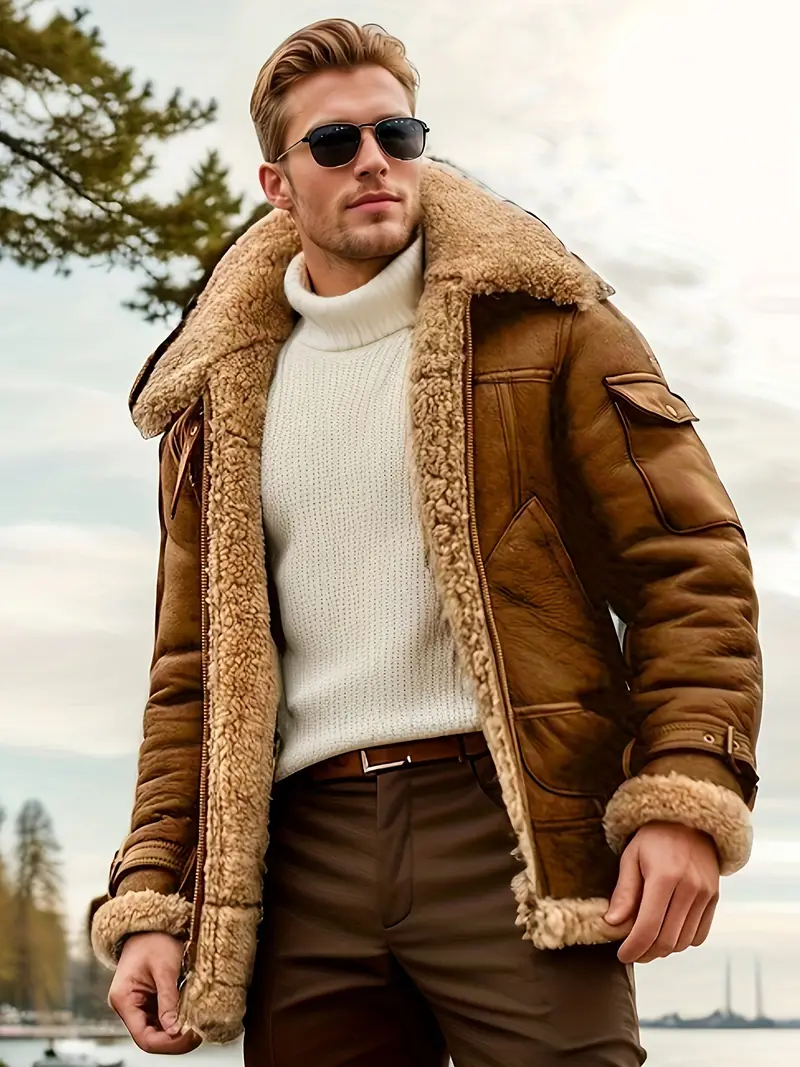 plus size mens cool fleece jacket fashion thick coat for fall winter mens clothing details 6