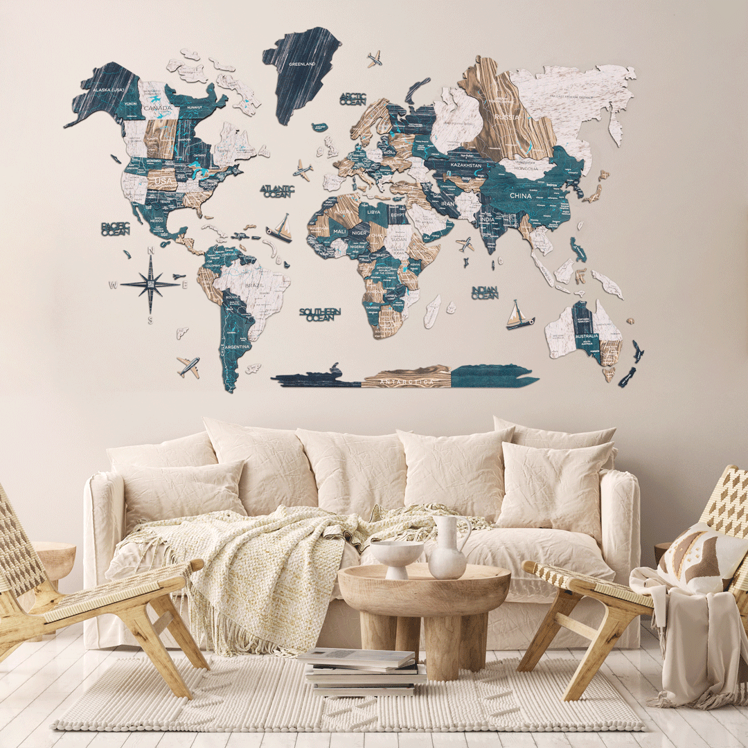 3D Wooden World Map Aqua