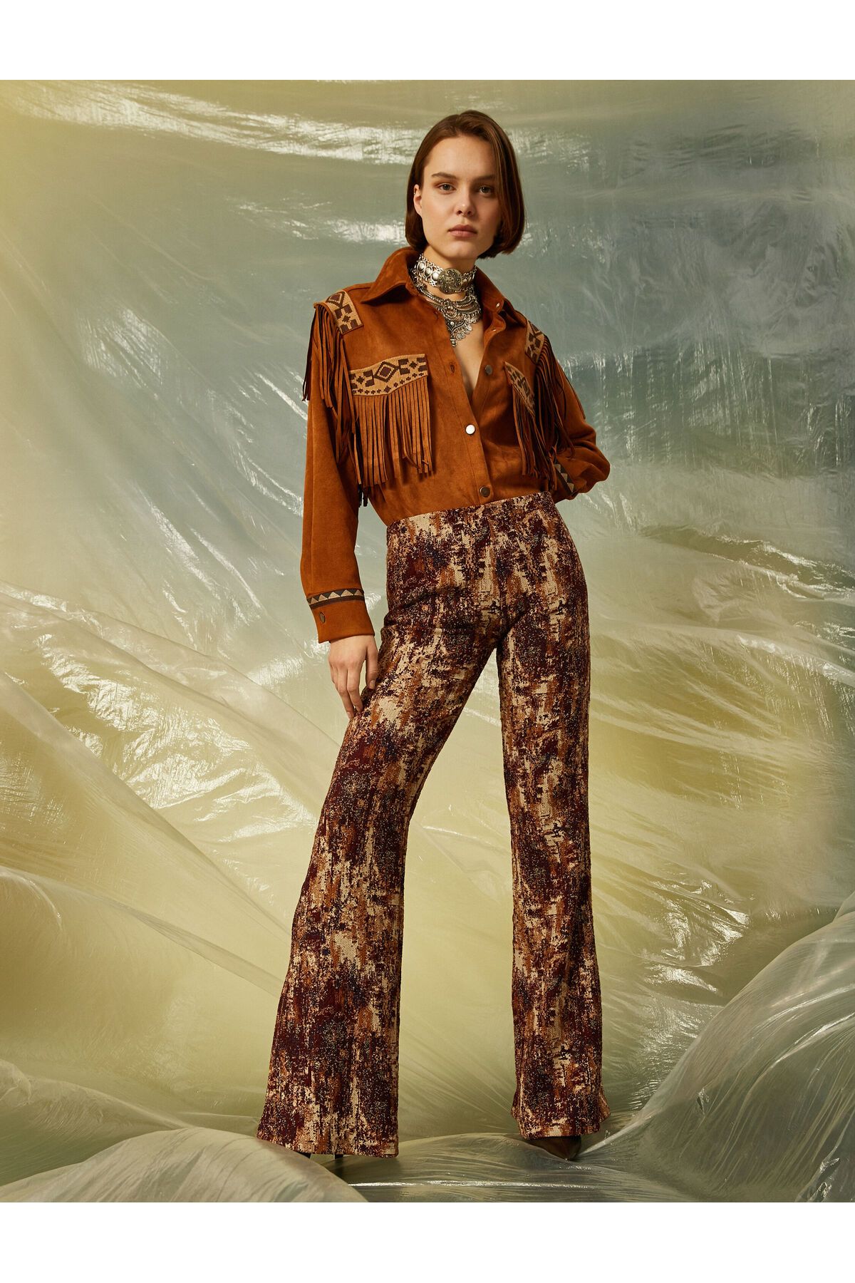 Patterned fashion flared trousers