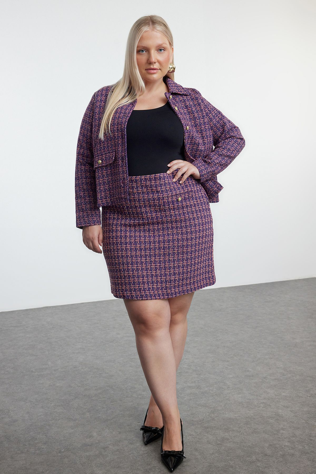 Buttoned Plaid Tweed Mini Woven Plus Size Skirt