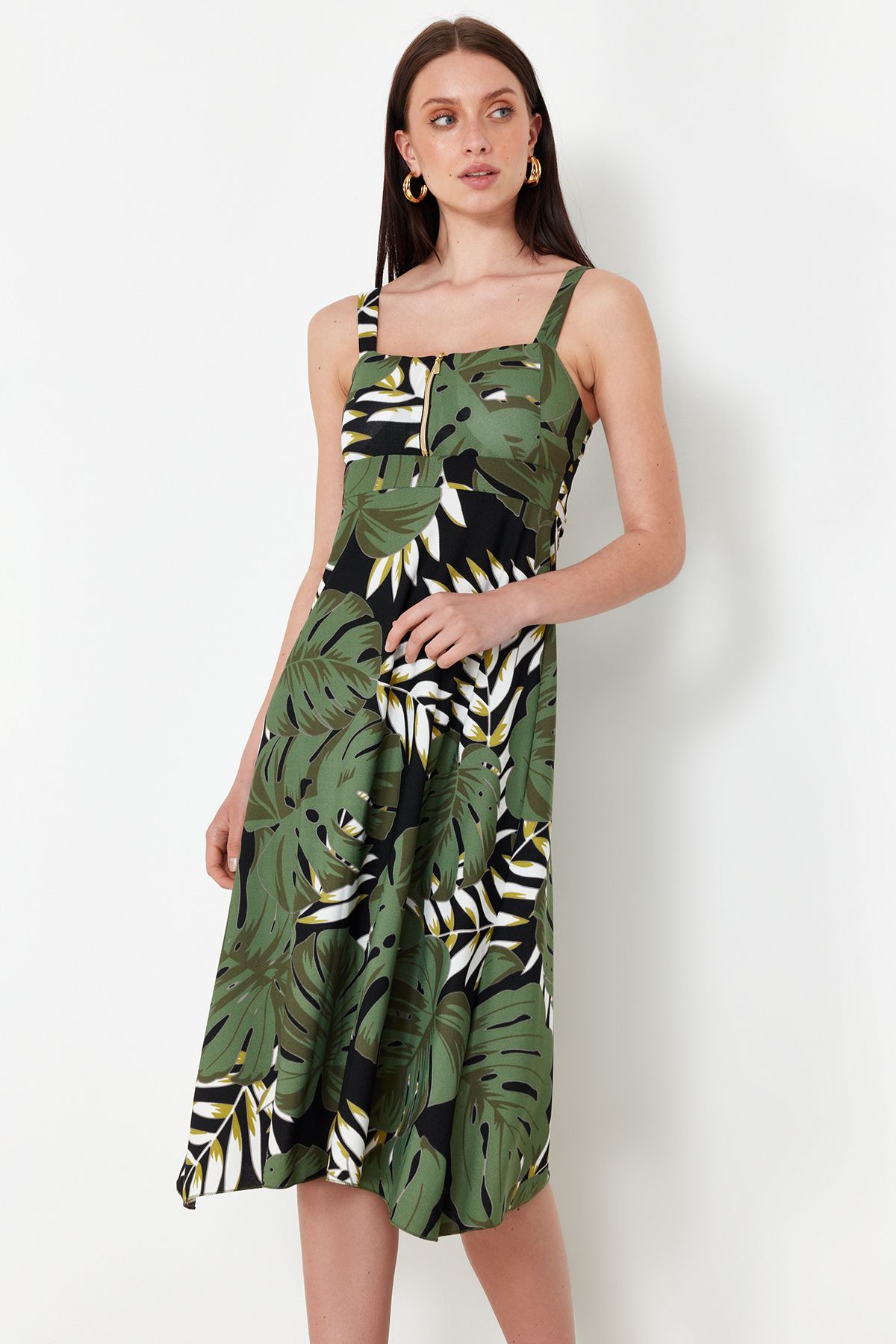 Floral Printed Strappy Zipper A-line/Bell Opening Midi  Dress