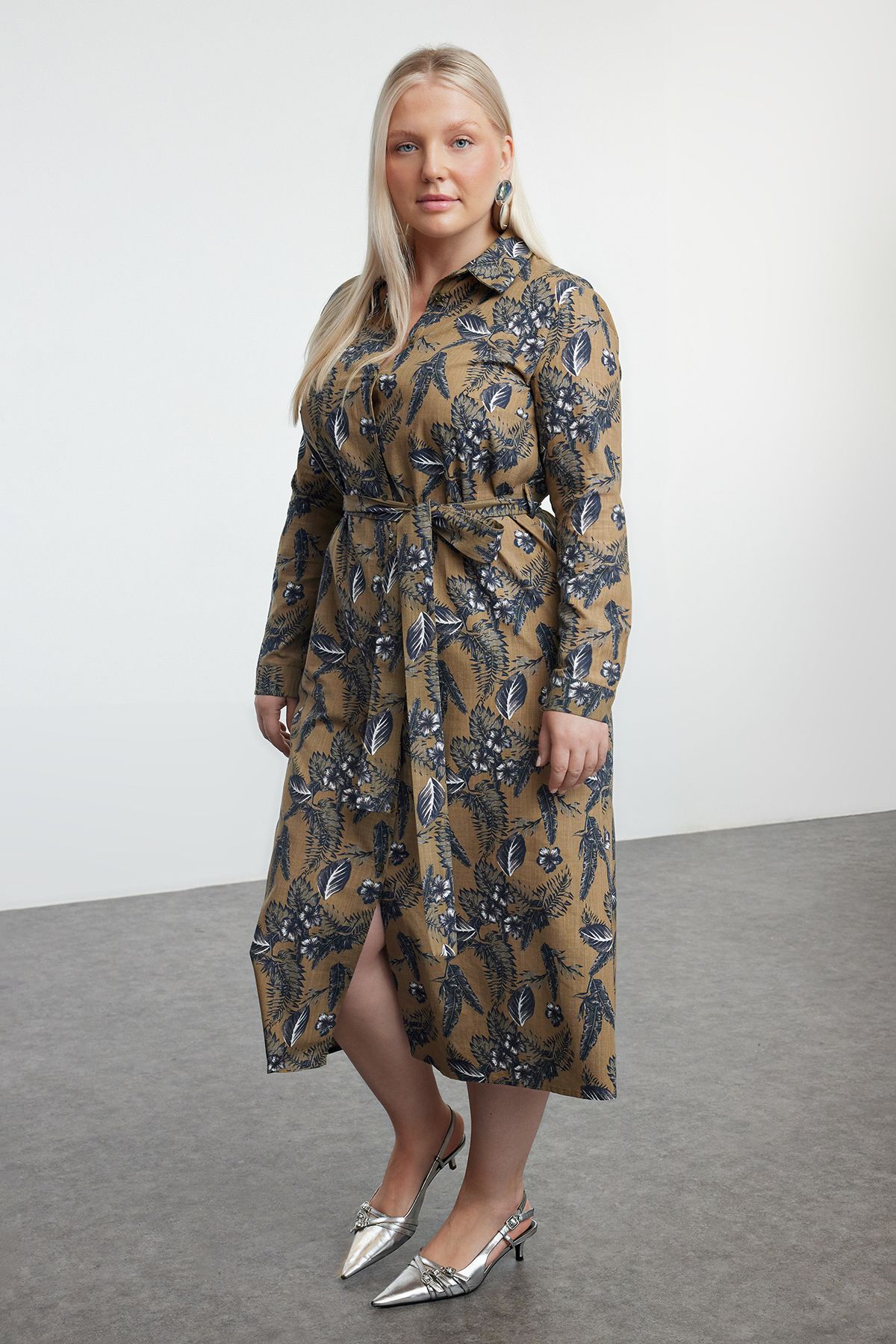 Women's Floral Midi Buttoned Belted Woven Plus Size Shirt Dress