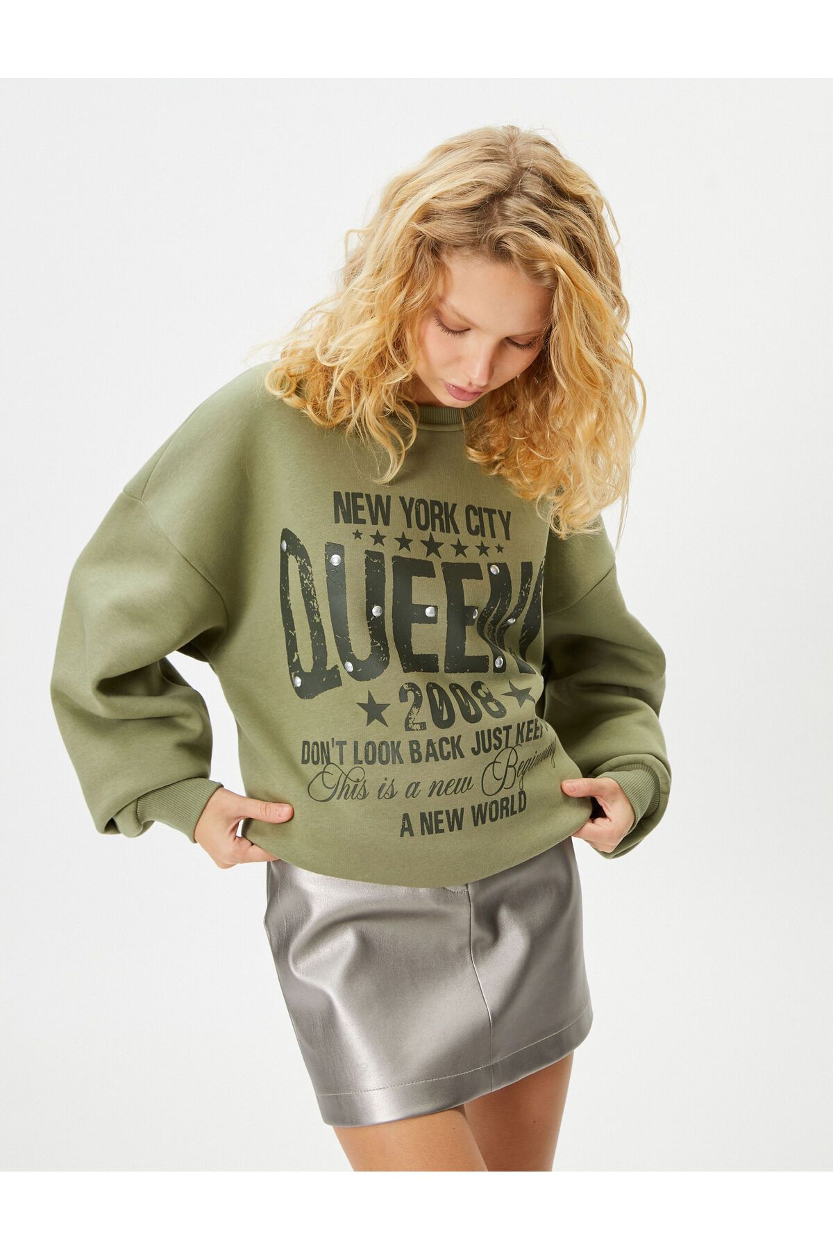 College Printed Sweatshirt Long Sleeve Crew Neck Stone Detailed