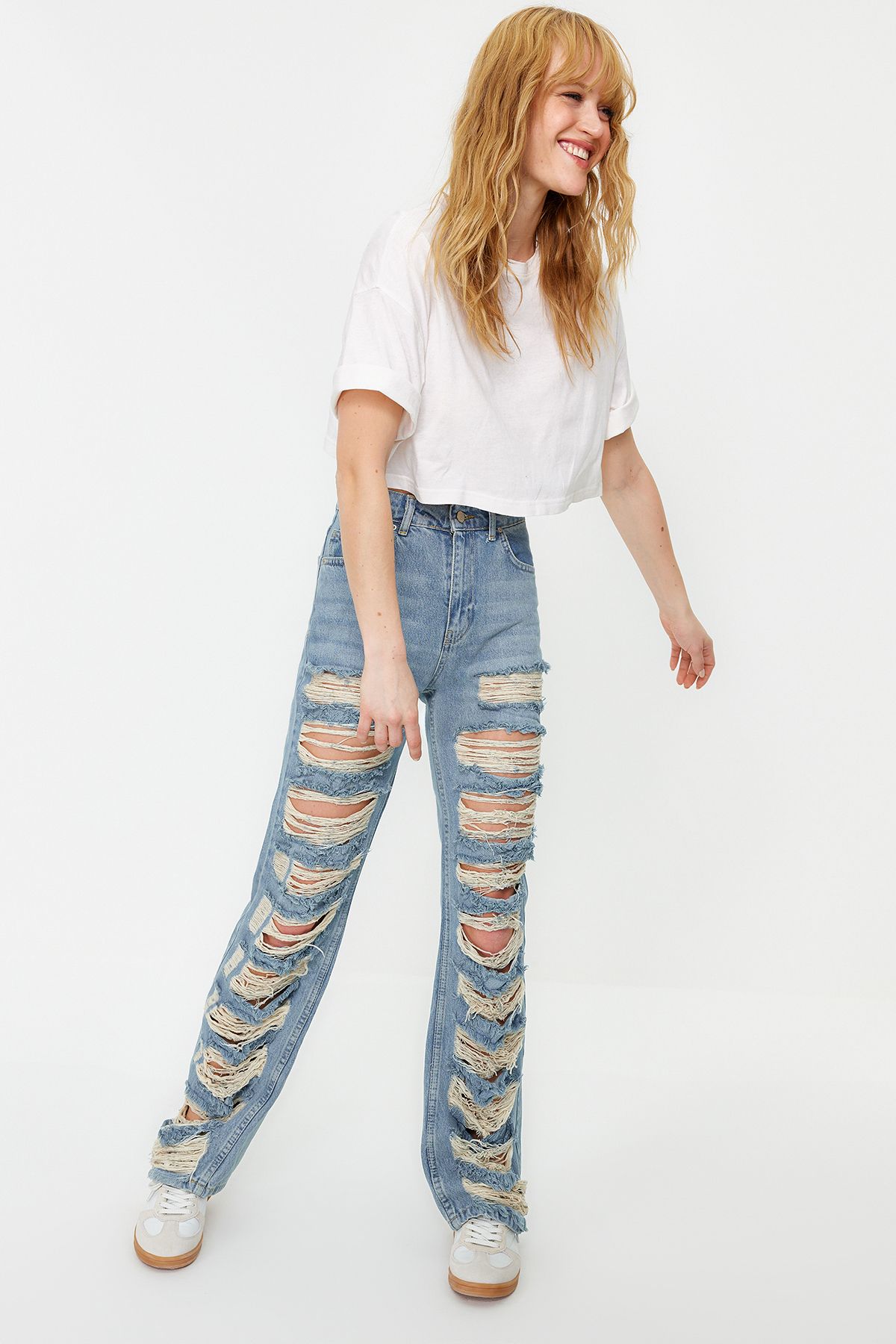 Cotton Ripped High Waist Wide Leg Jeans