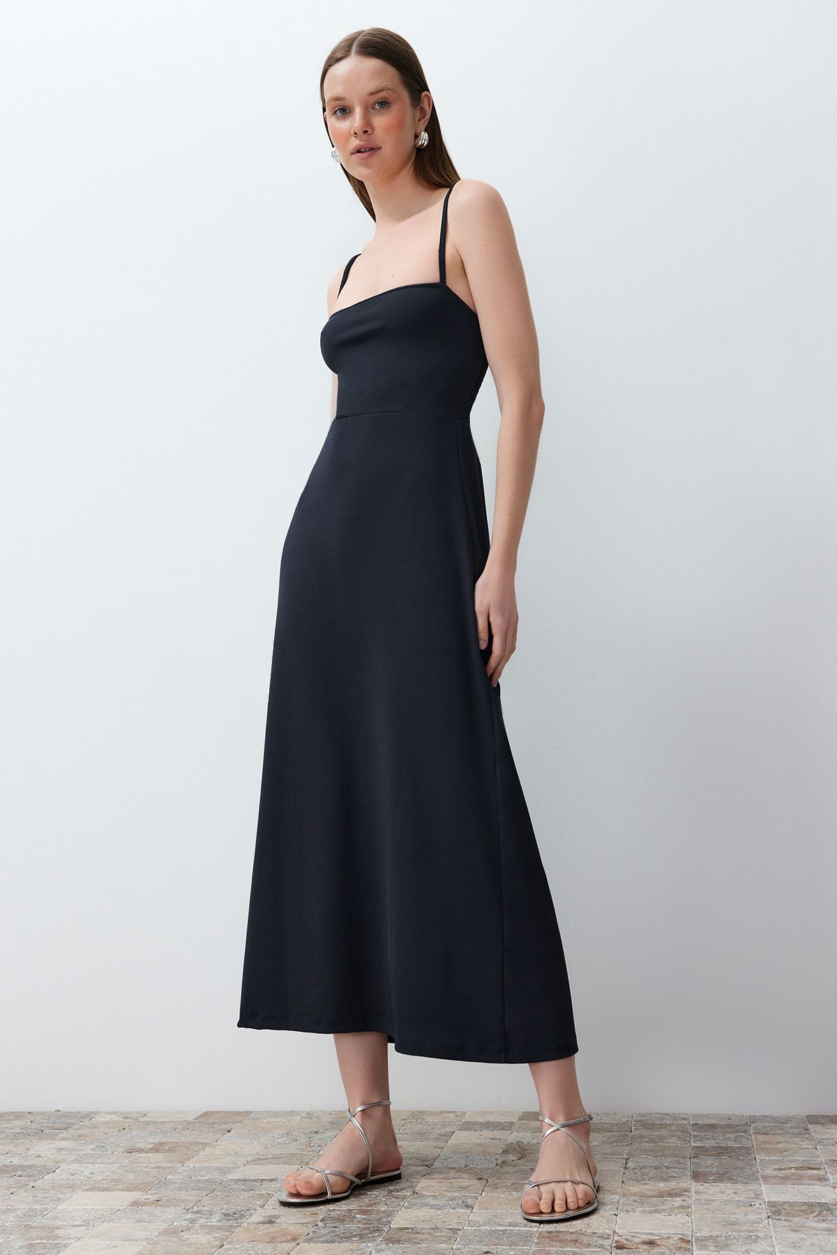 Strap Back Gipe Detail Ribbed Maxi Flexible  Maxi Dress