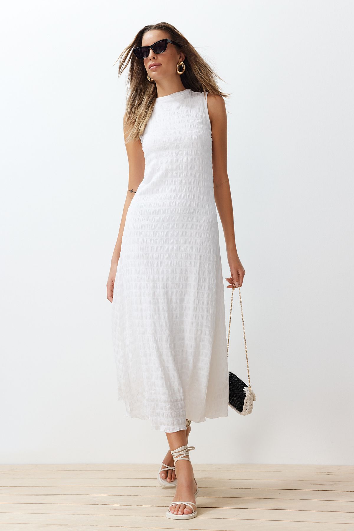 Plain Texture A-line/Bell Form Crew Neck Texture Maxi Dress