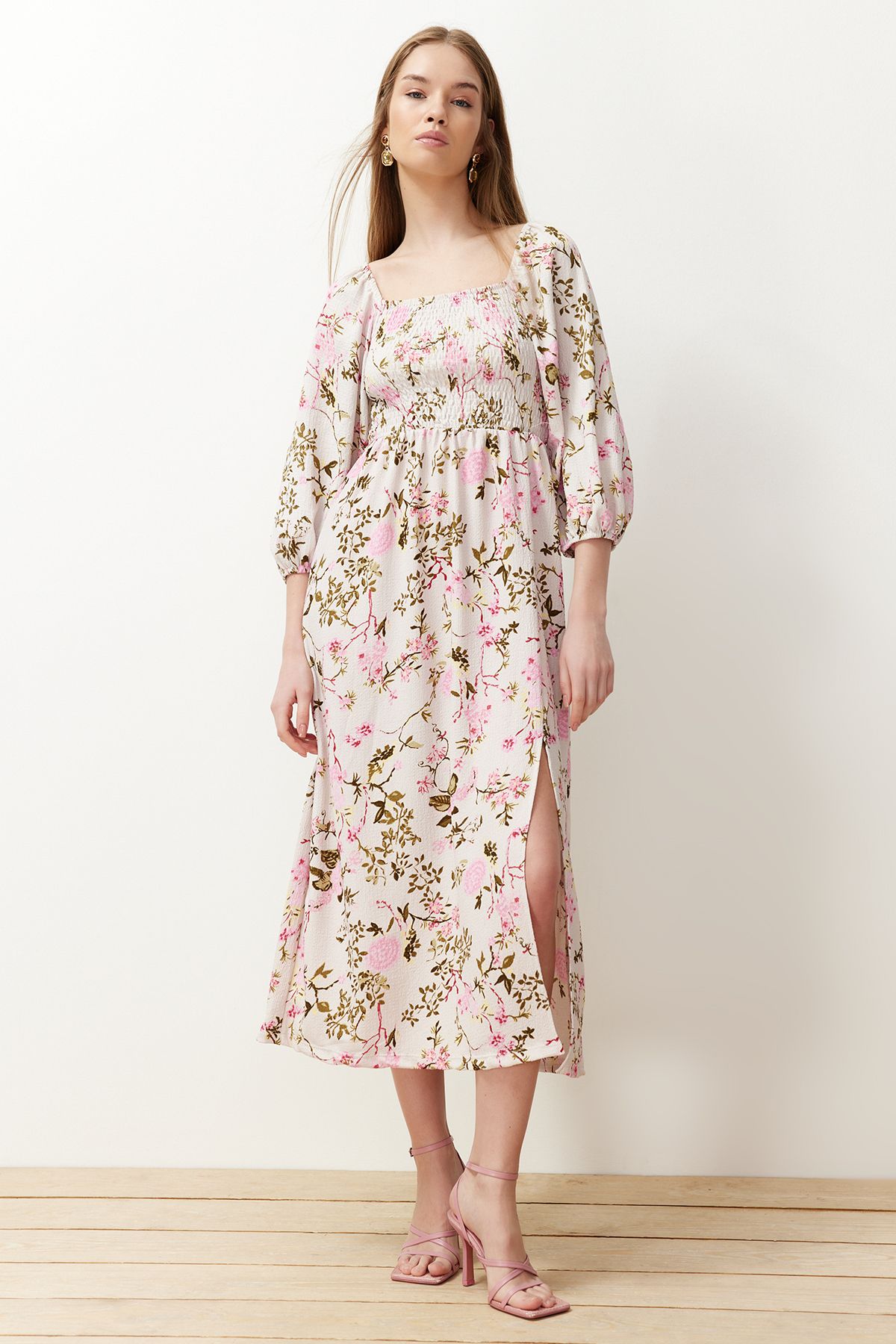 Floral Square Neck Balloon Sleeve Gathered Ribbed Stretchy  Maxi Dress