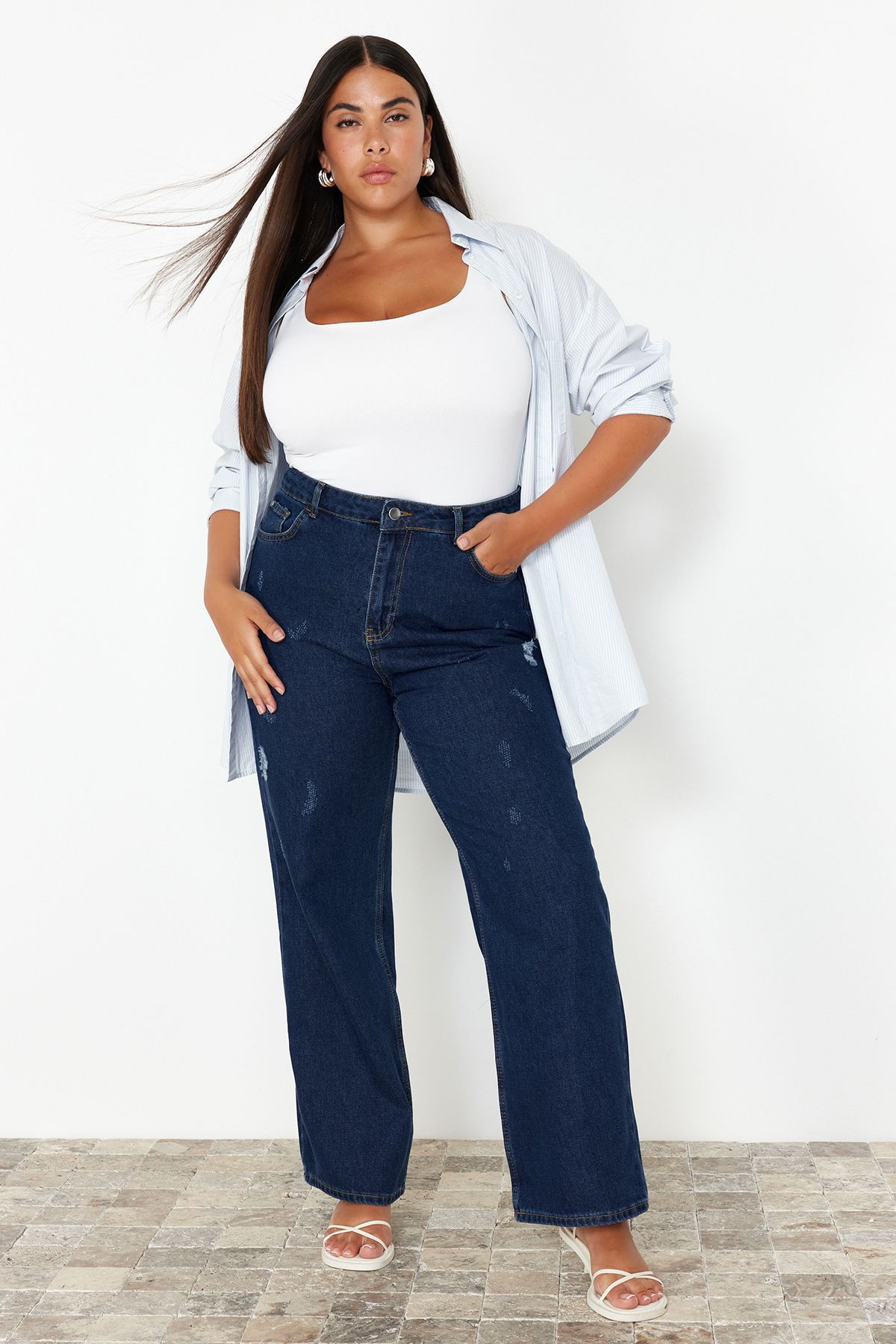 High Waist Wide Leg Denim Trousers