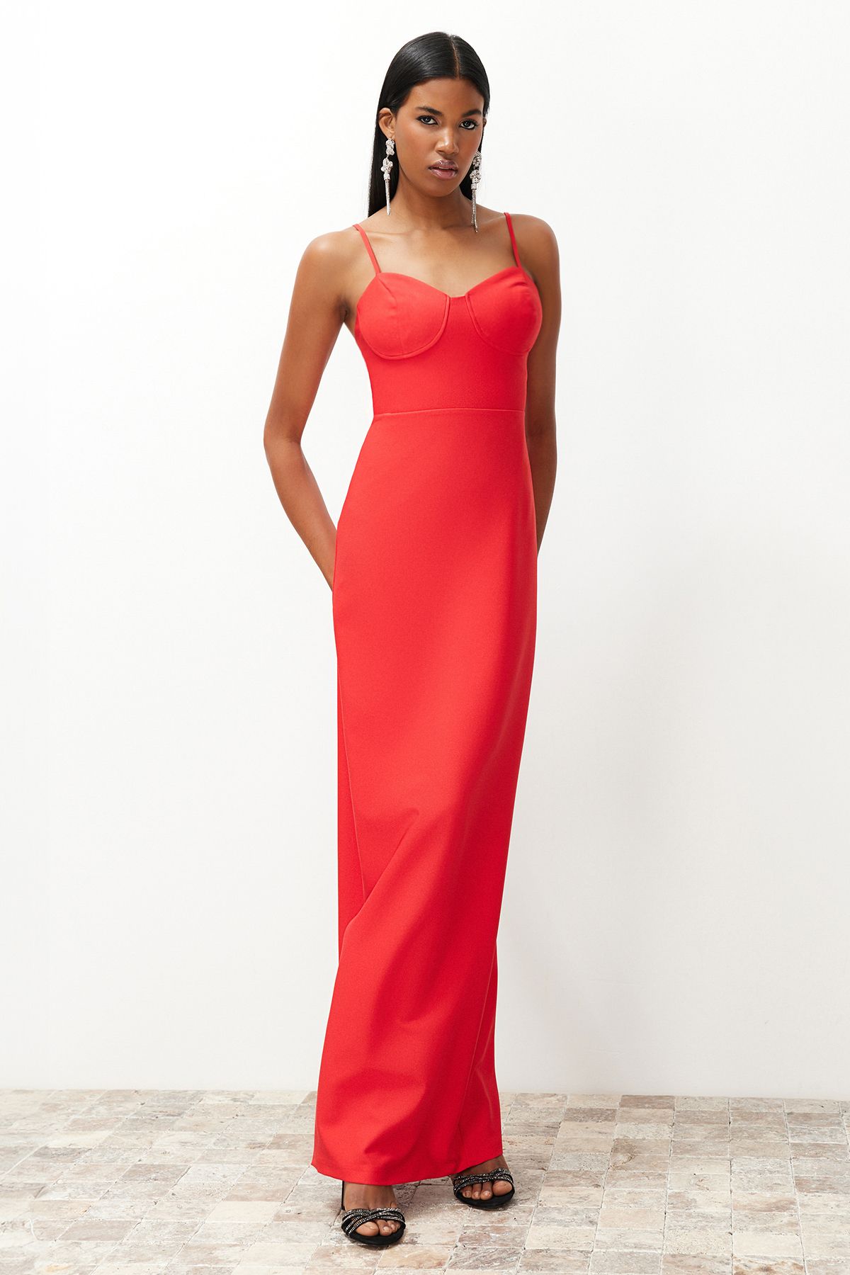 Chest Detailed Body-Shouldered Long Evening Evening Dress