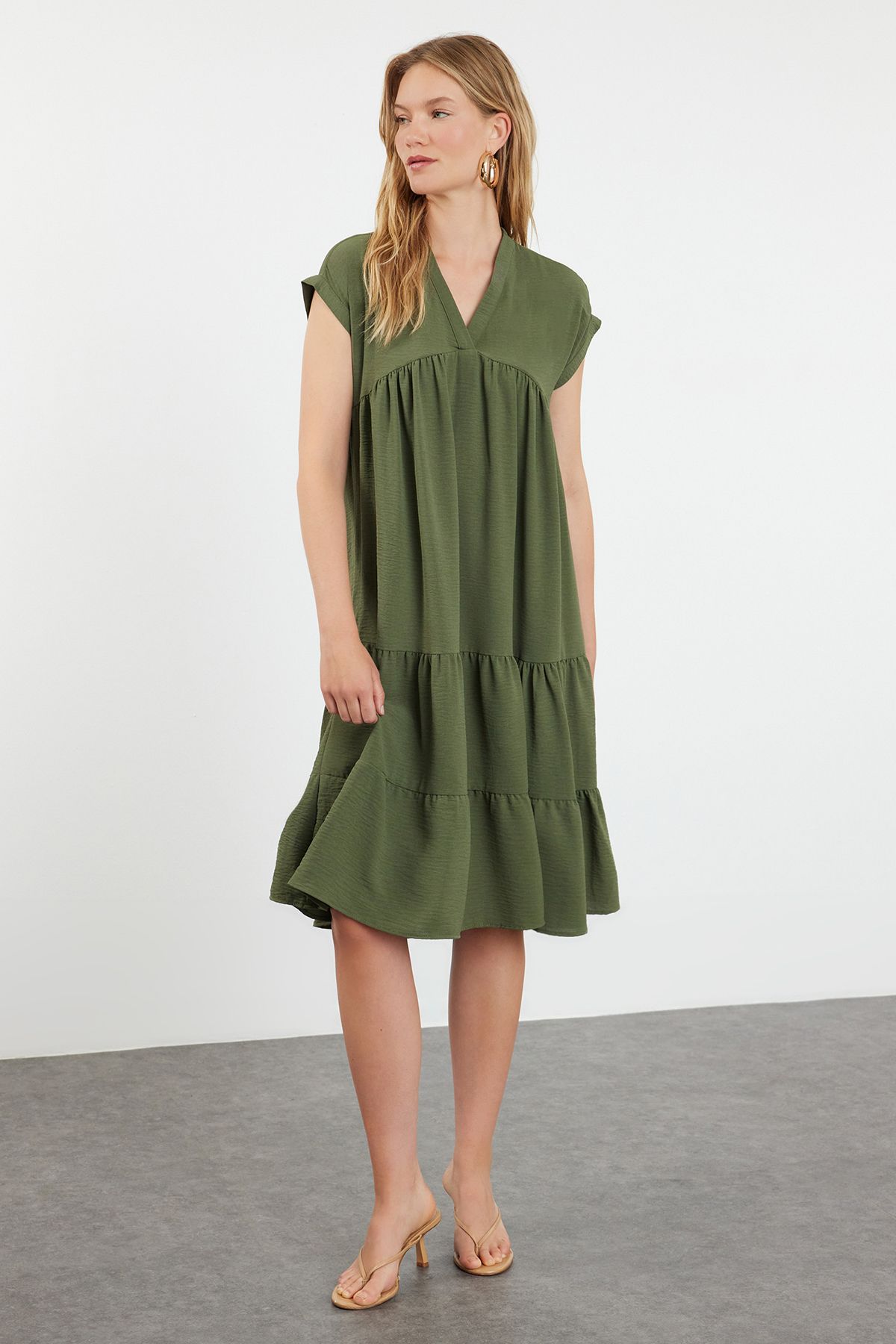 Plain Wide Cut V-Neck Skirt Flounced Aerobin Woven Dress