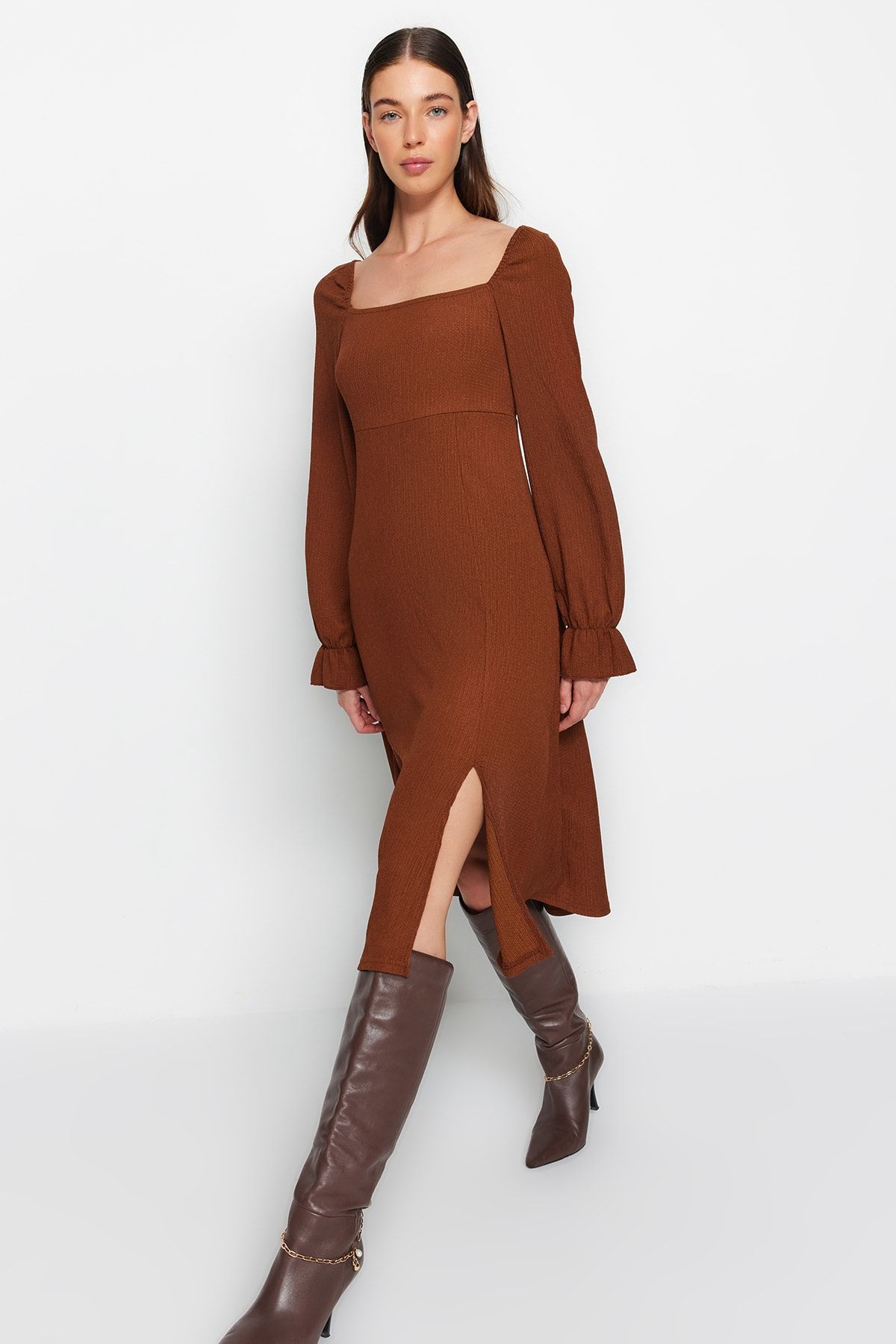 Twill/Textured Square Neck Slit Long Sleeve Midi  Dress