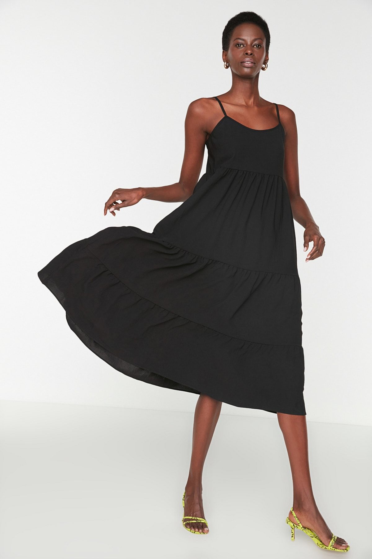 Relaxed Cut Strap Midi Woven Dress with Flounce Skirt