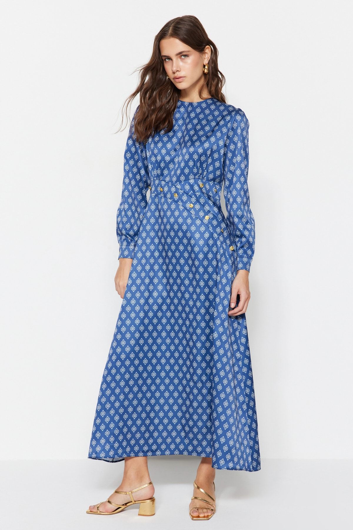 Patterned Button Detailed Satin Woven Dress