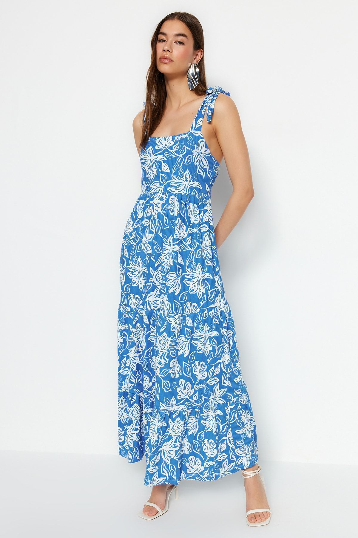 Tie Strap Frilly Ribbed Maxi  Dress