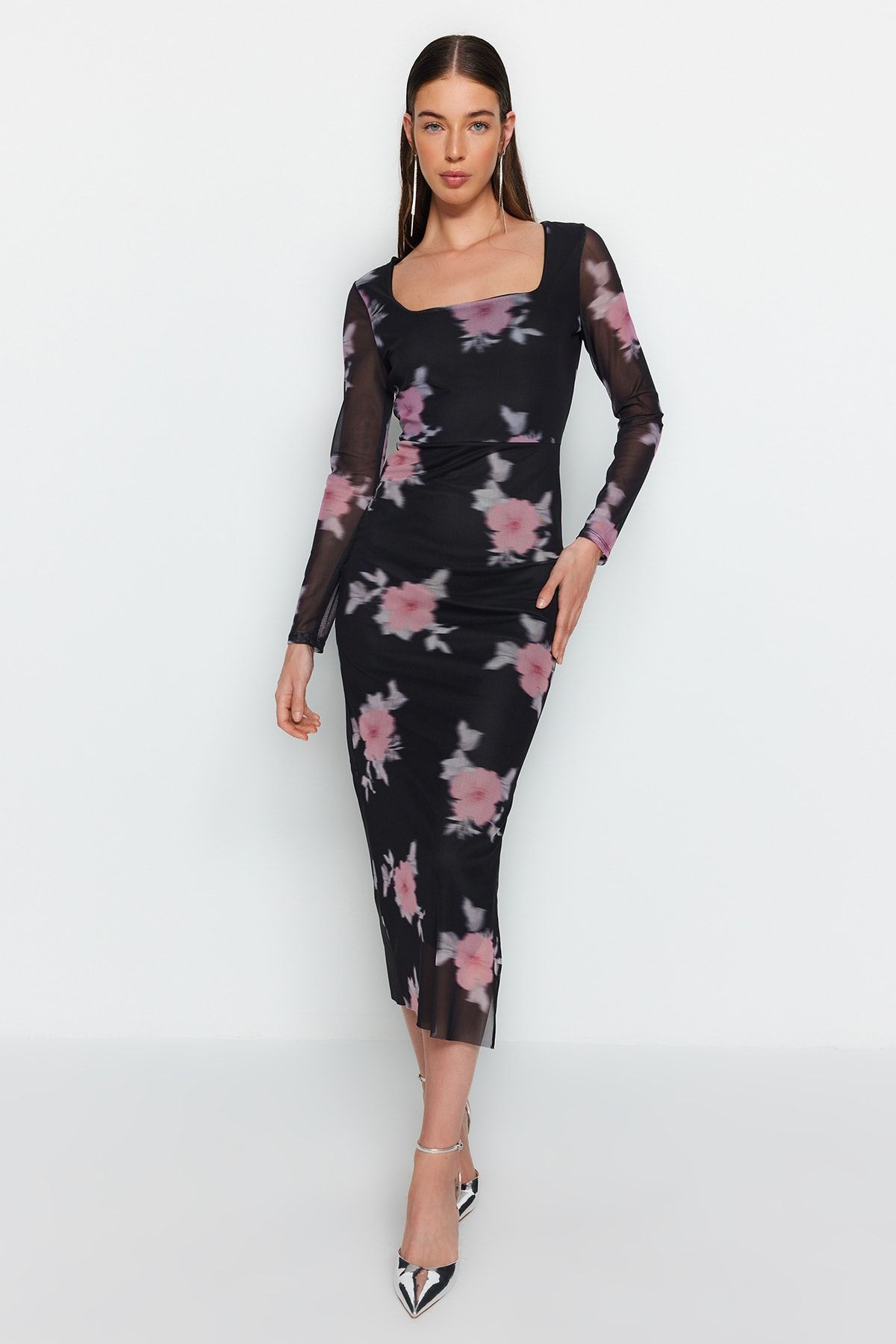 Tulle Floral Fitted Square Neck Long Sleeve Maxi Flexible  Pencil Dress