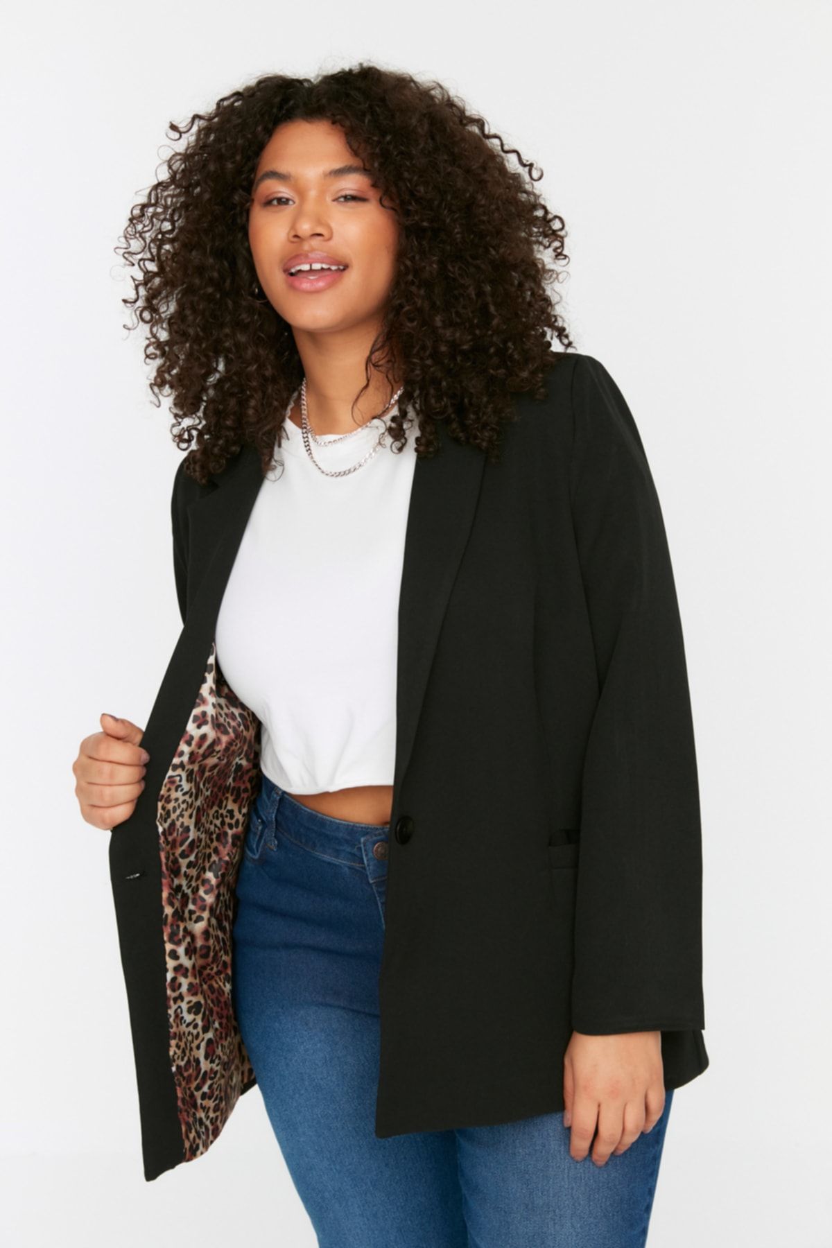 Leopard Lining Detailed Blazer Woven Jacket