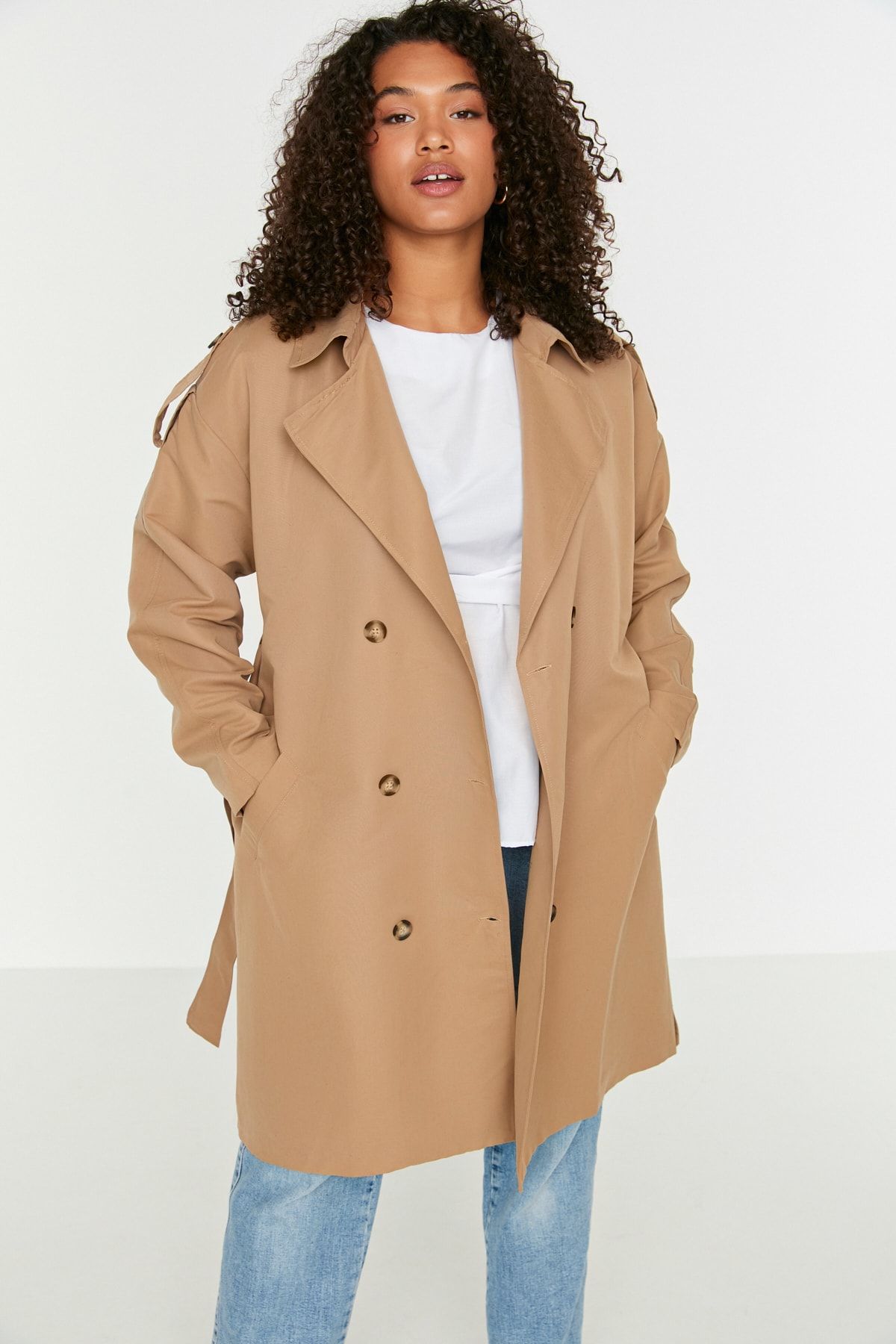 Shoulders Epaulette Detailed Jacket Collar Belted Wide Fit Seasonal Trench Coat