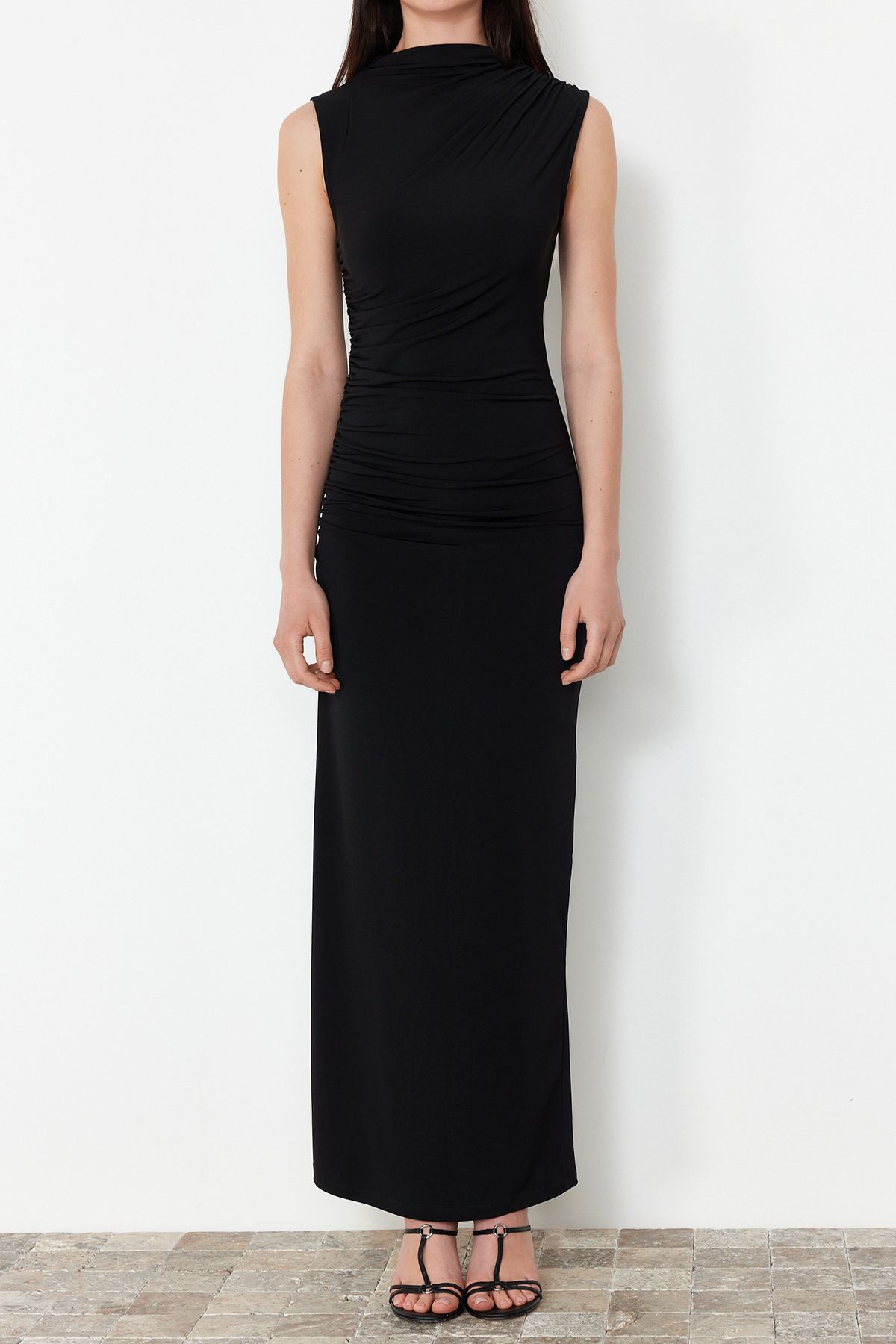 Draped Fitted High neck Sleeveless Stretchy  Maxi Pencil Dress