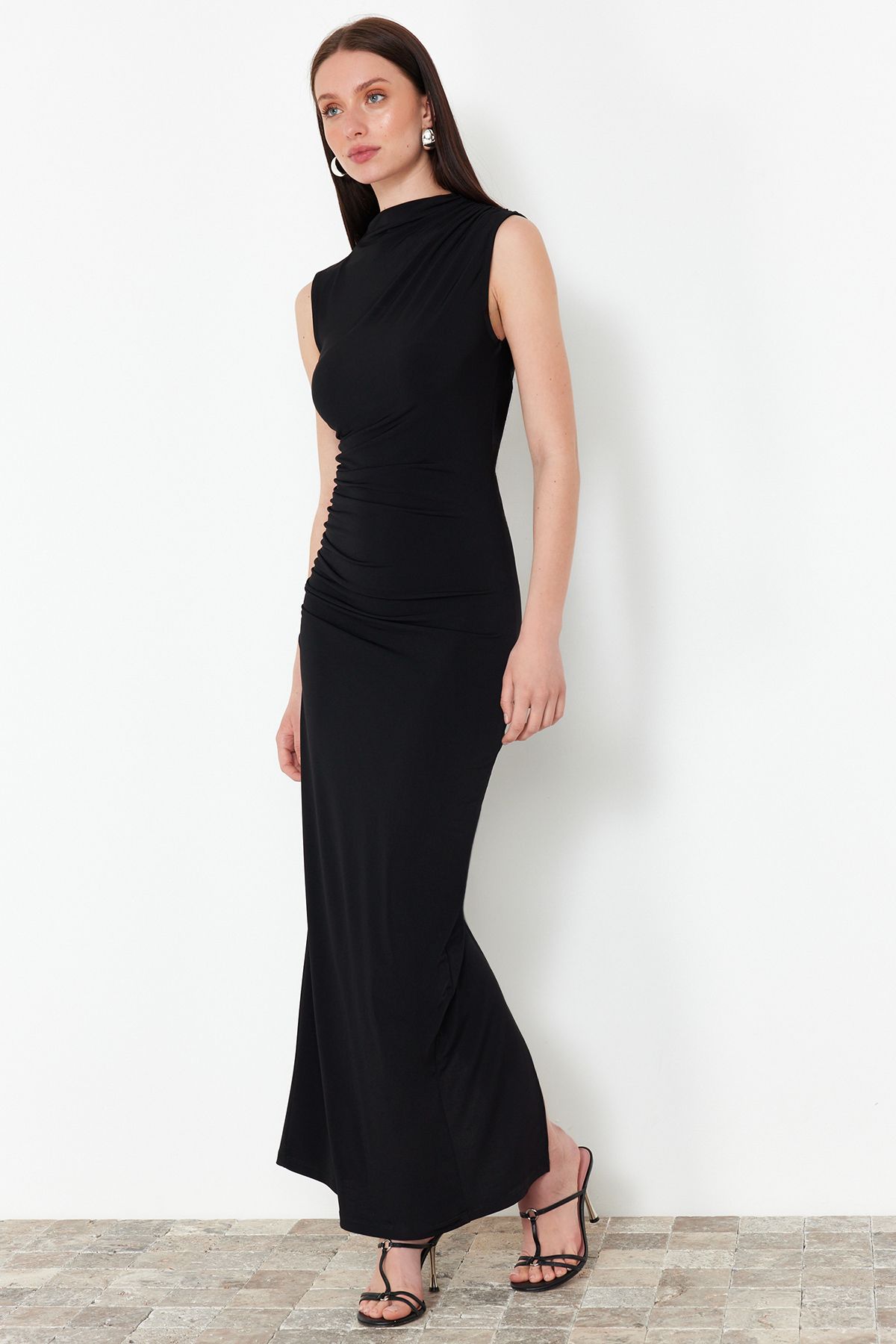 Draped Fitted High neck Sleeveless Stretchy  Maxi Pencil Dress