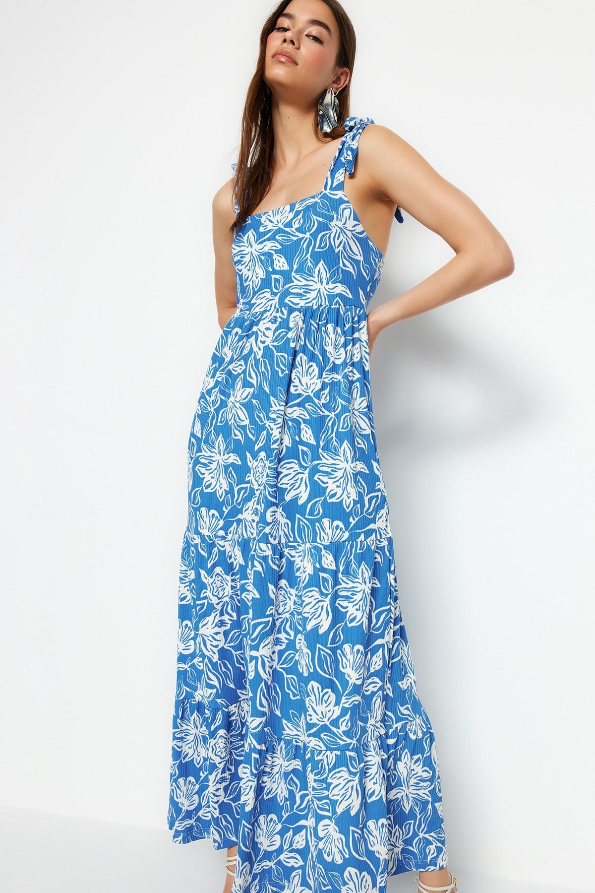 Tie Strap Frilly Ribbed Maxi  Dress