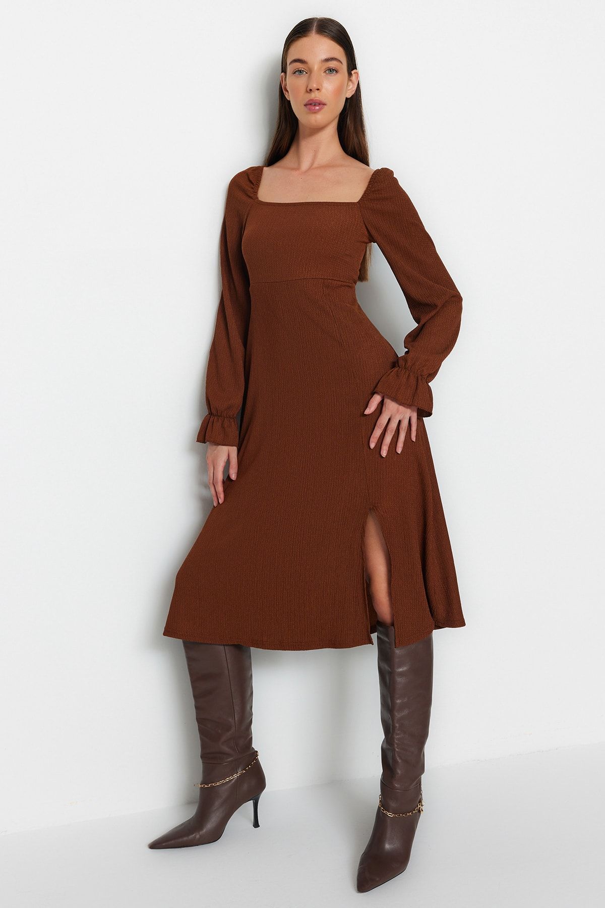 Twill/Textured Square Neck Slit Long Sleeve Midi  Dress