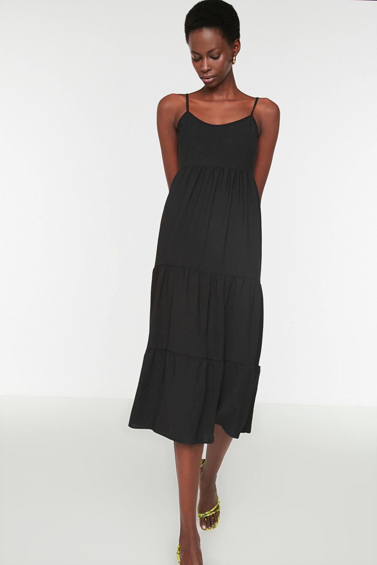 Relaxed Cut Strap Midi Woven Dress with Flounce Skirt