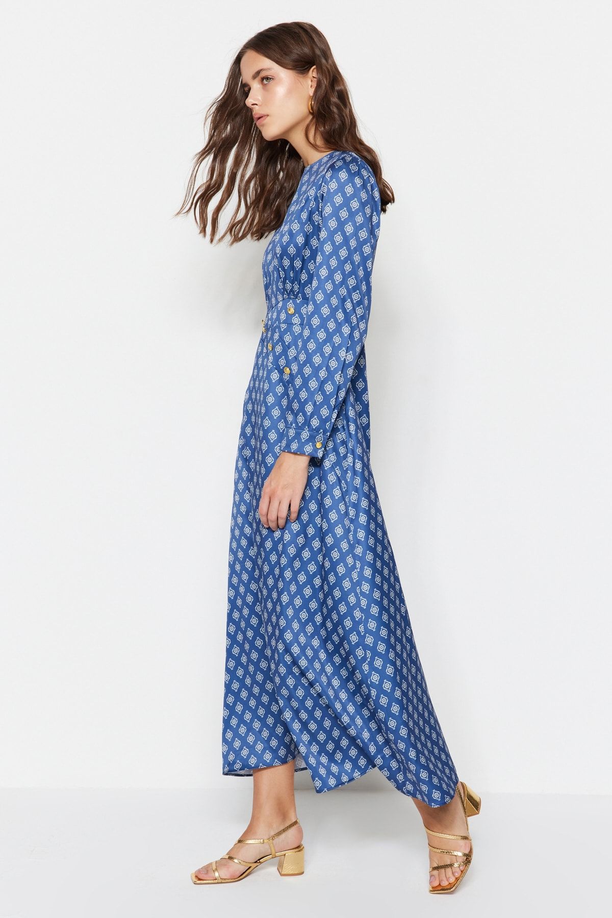 Patterned Button Detailed Satin Woven Dress