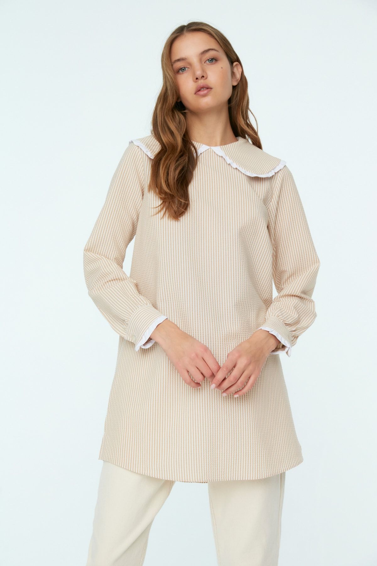 Striped Baby Collar Woven See-through Tunic