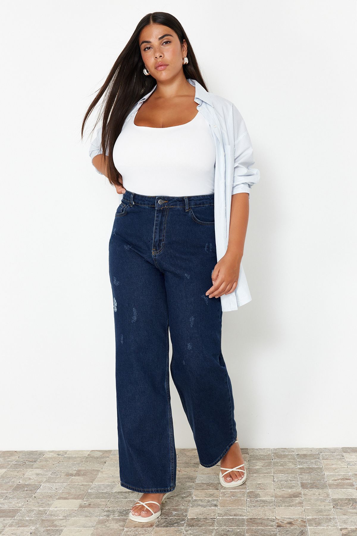 High Waist Wide Leg Denim Trousers