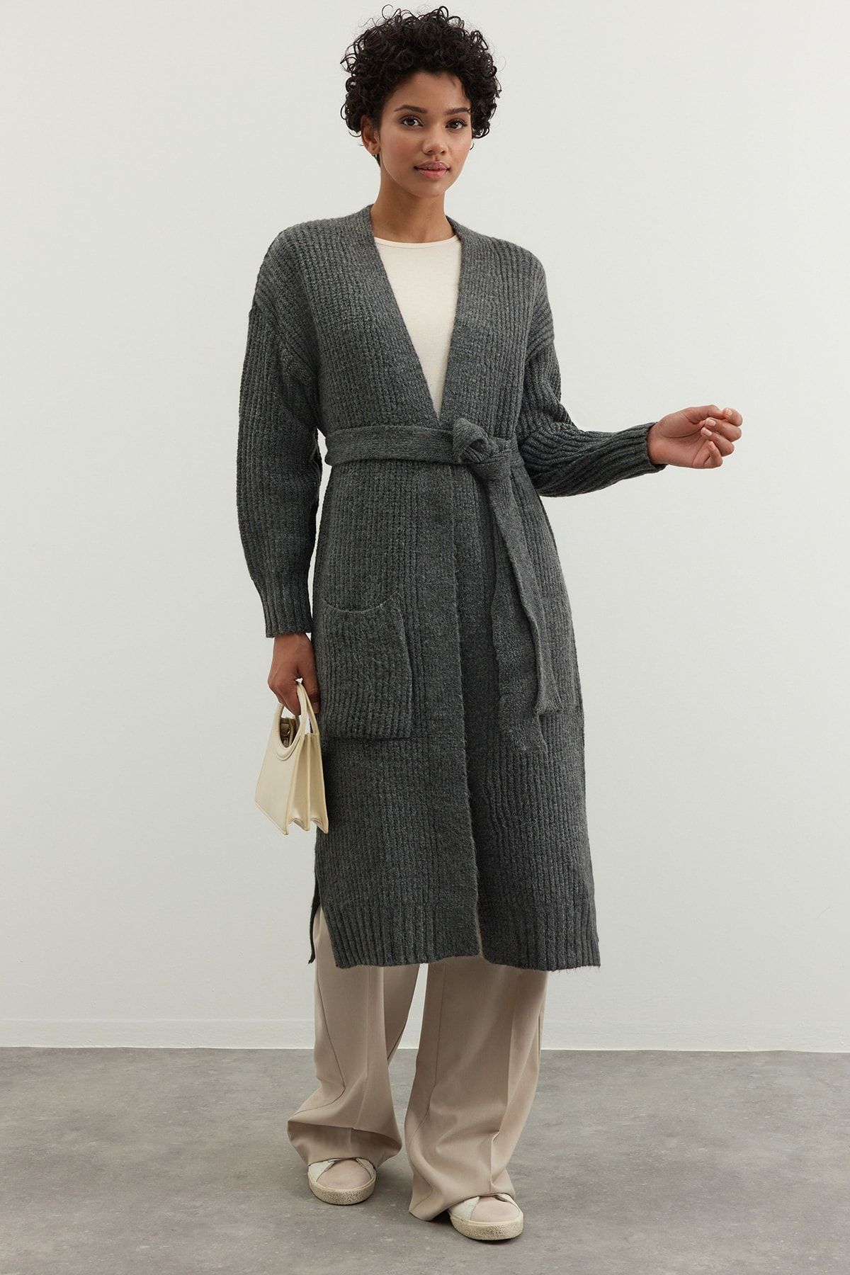 Belted long cardigan store