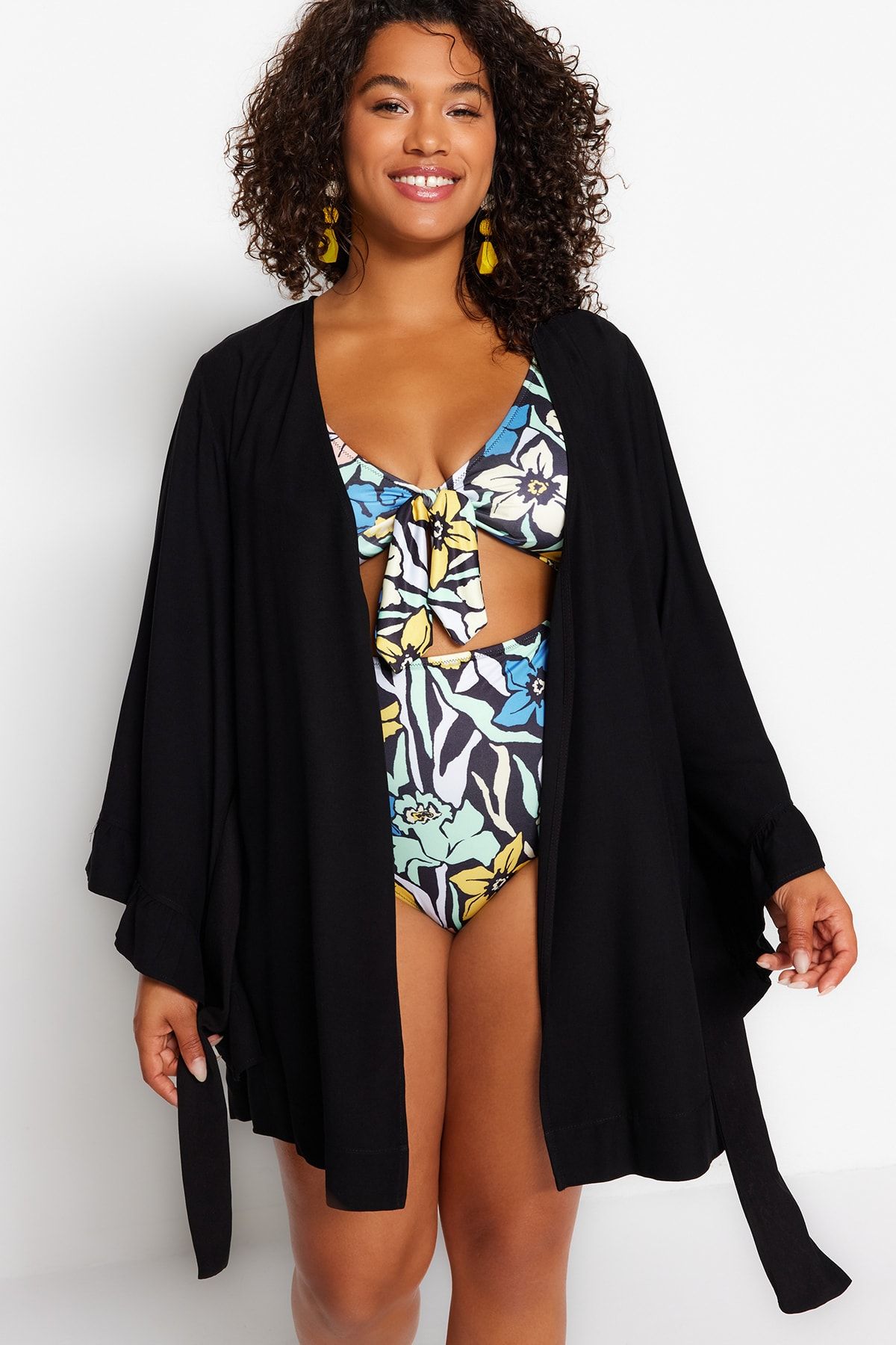 Sleeve Flounced Viscose Beach Wear Woven Kimono & Kaftan