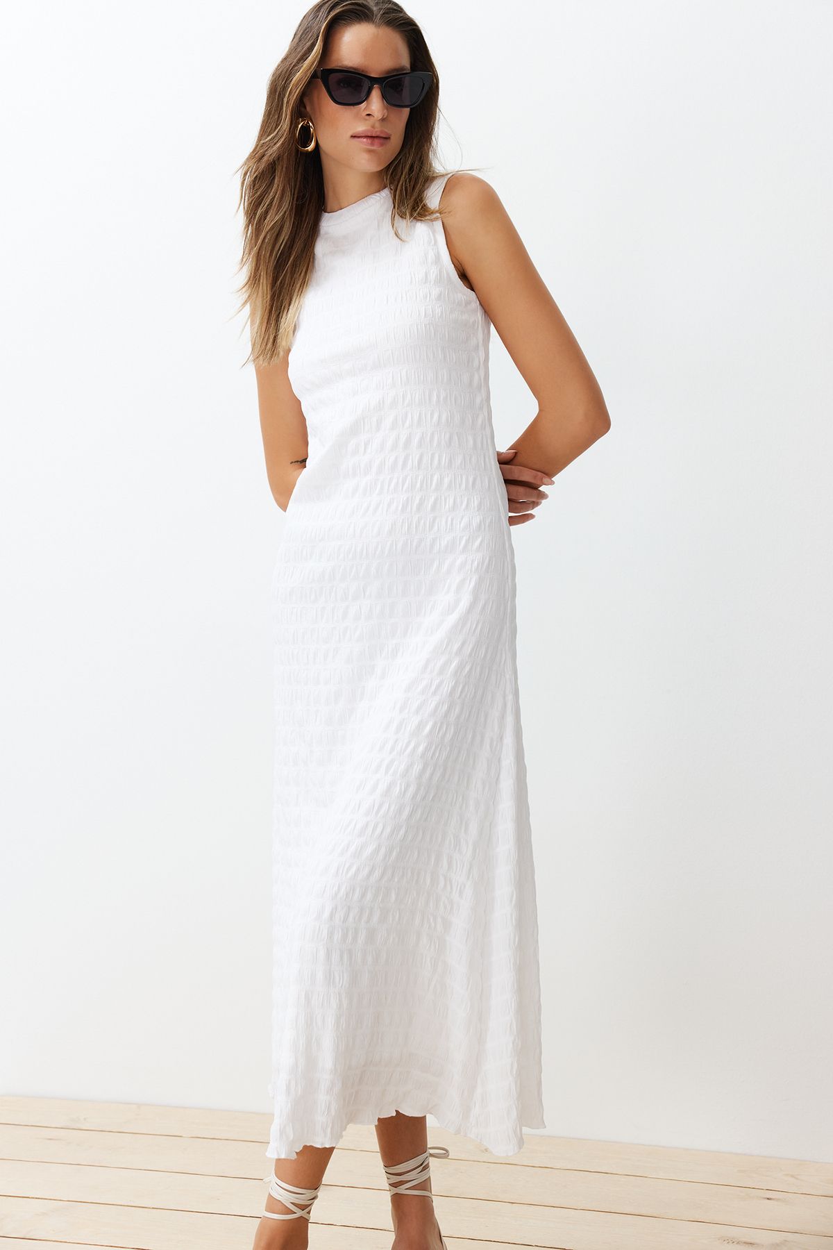 Plain Texture A-line/Bell Form Crew Neck Texture Maxi Dress