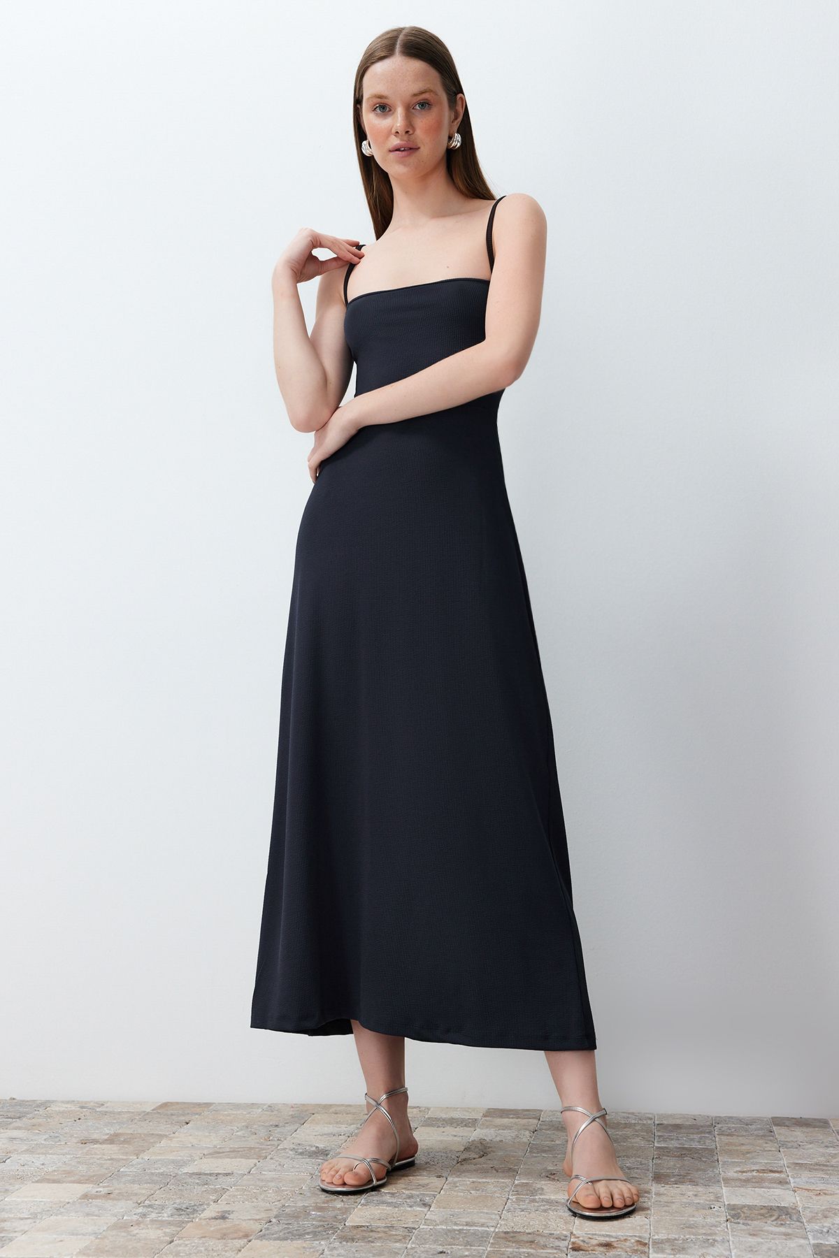 Strap Back Gipe Detail Ribbed Maxi Flexible  Maxi Dress