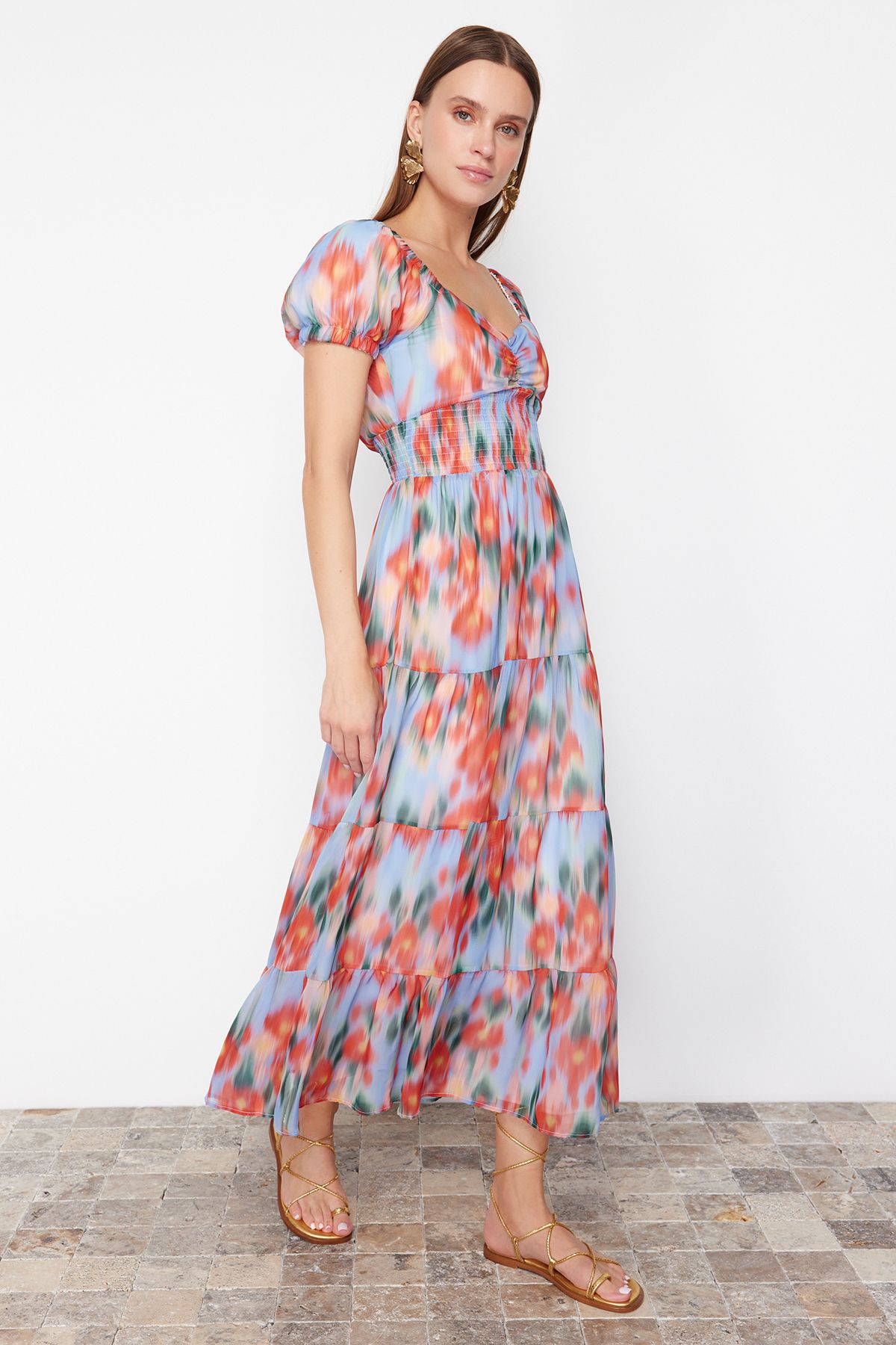 Floral Patterned A-Line Detailed Maxi Chiffon Dress