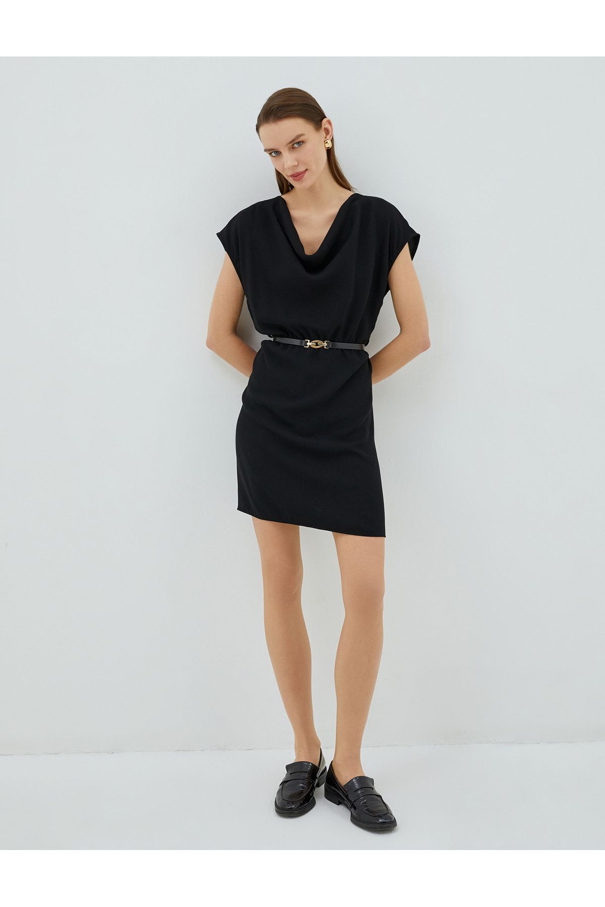 Belted Mini Dress Scoop Neck