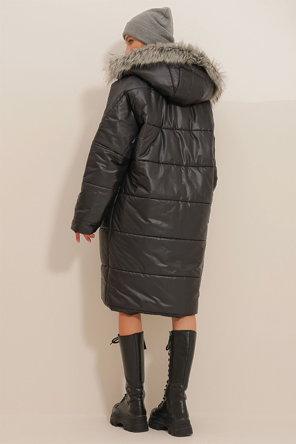 Black faux fur trim hooded long puffer jacket best sale