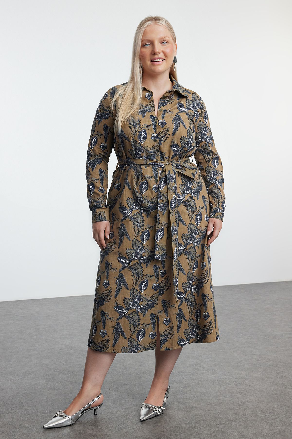 Women's Floral Midi Buttoned Belted Woven Plus Size Shirt Dress