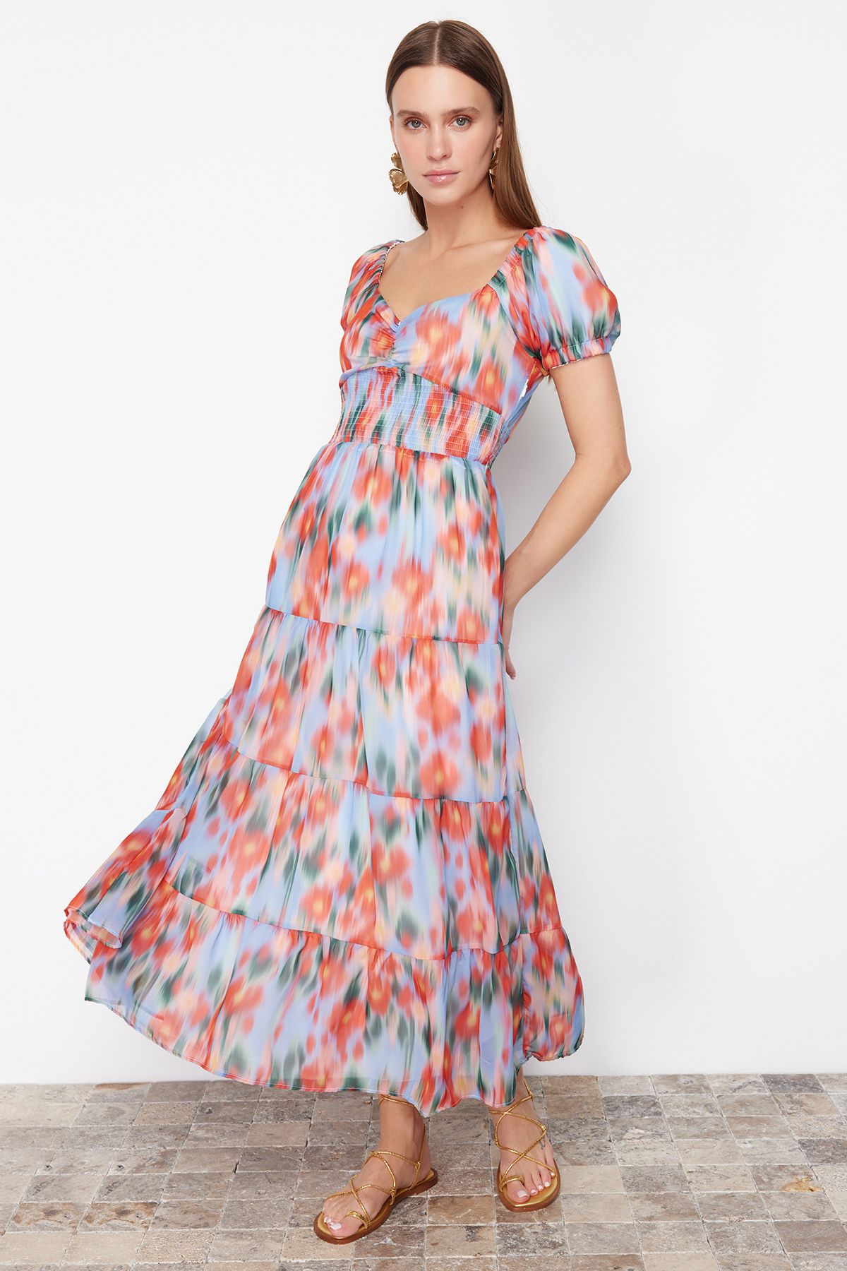 Floral Patterned A-Line Detailed Maxi Chiffon Dress