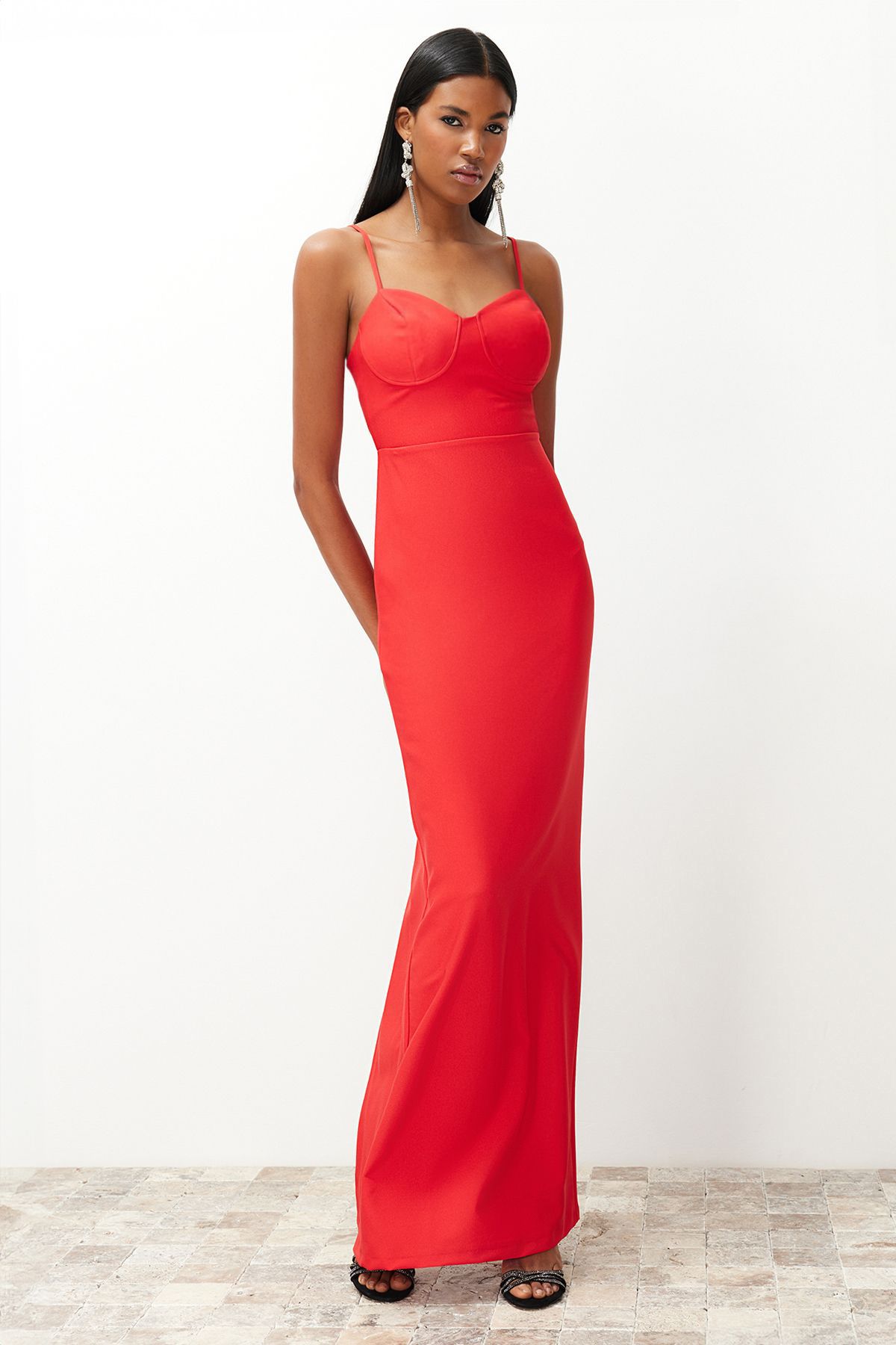 Chest Detailed Body-Shouldered Long Evening Evening Dress