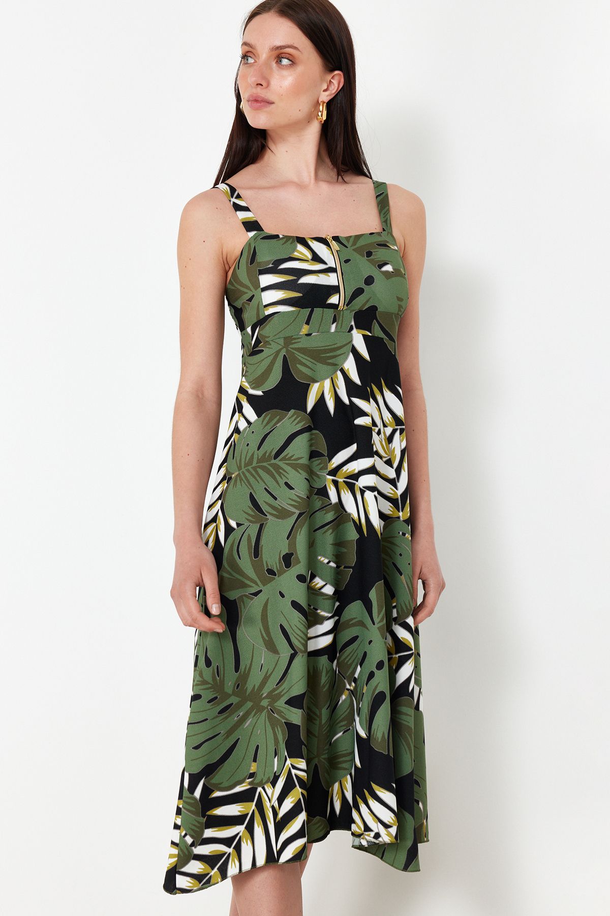 Floral Printed Strappy Zipper A-line/Bell Opening Midi  Dress