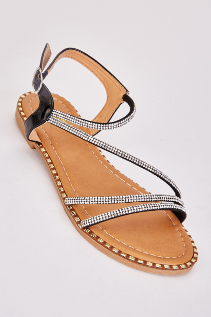 Encrusted Slanted Strap Sandals