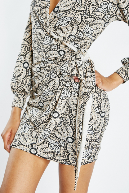 Ethnic Print Wrap Mini Dress