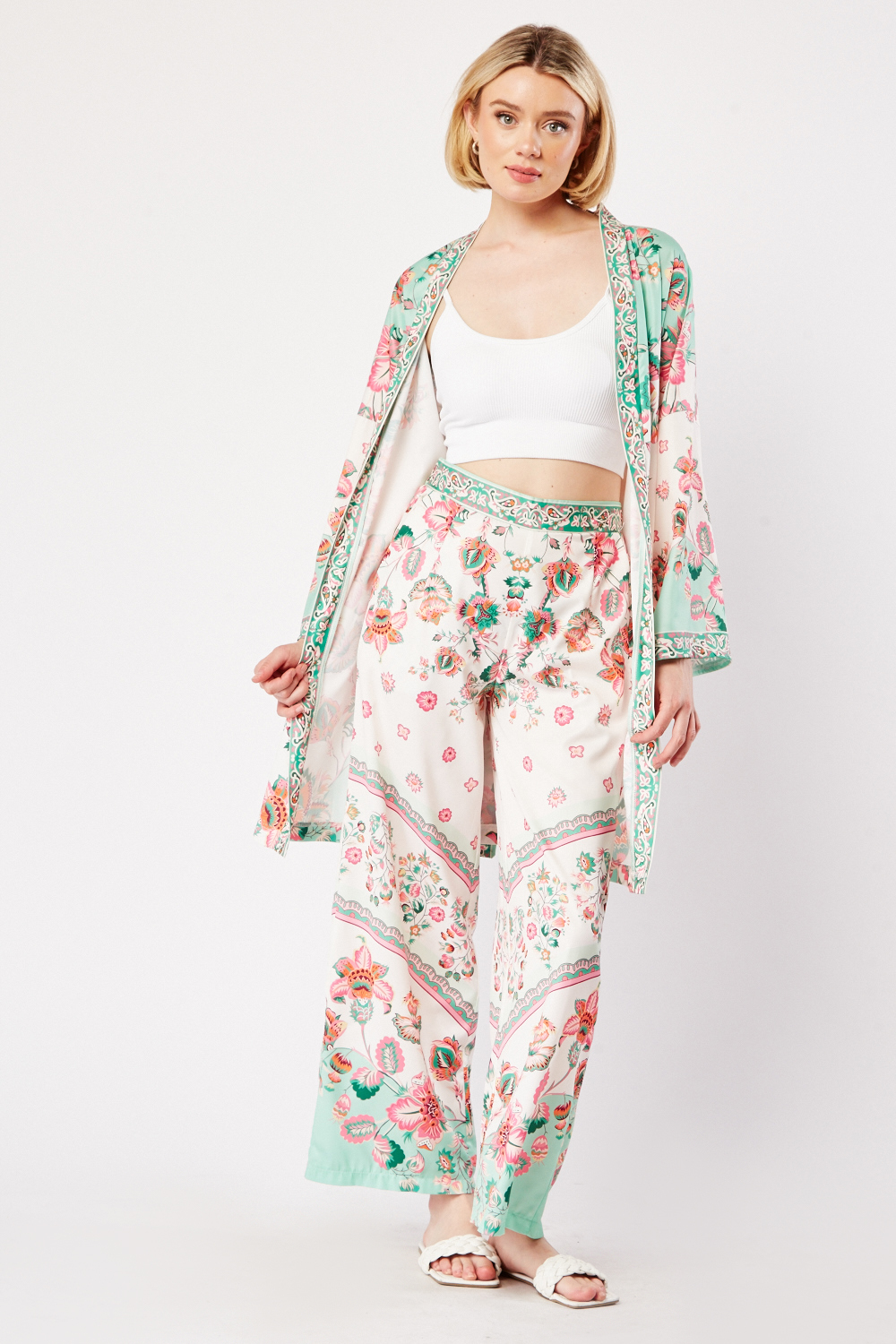 Floral Print Kimono And Trousers Set