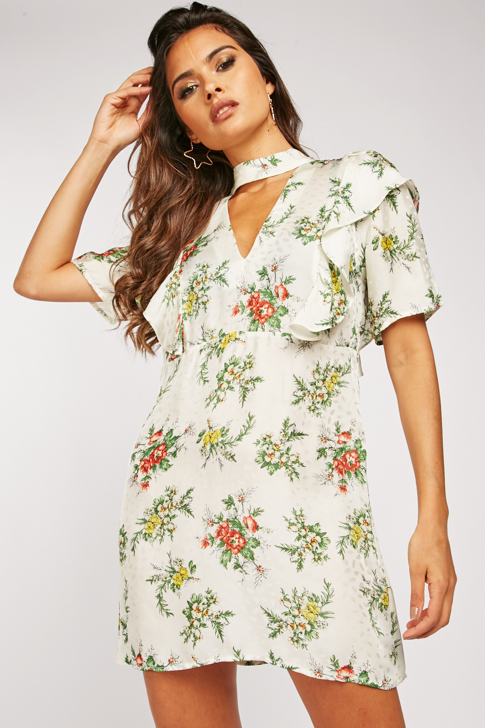 Floral Ruffle Trim Mini Dress