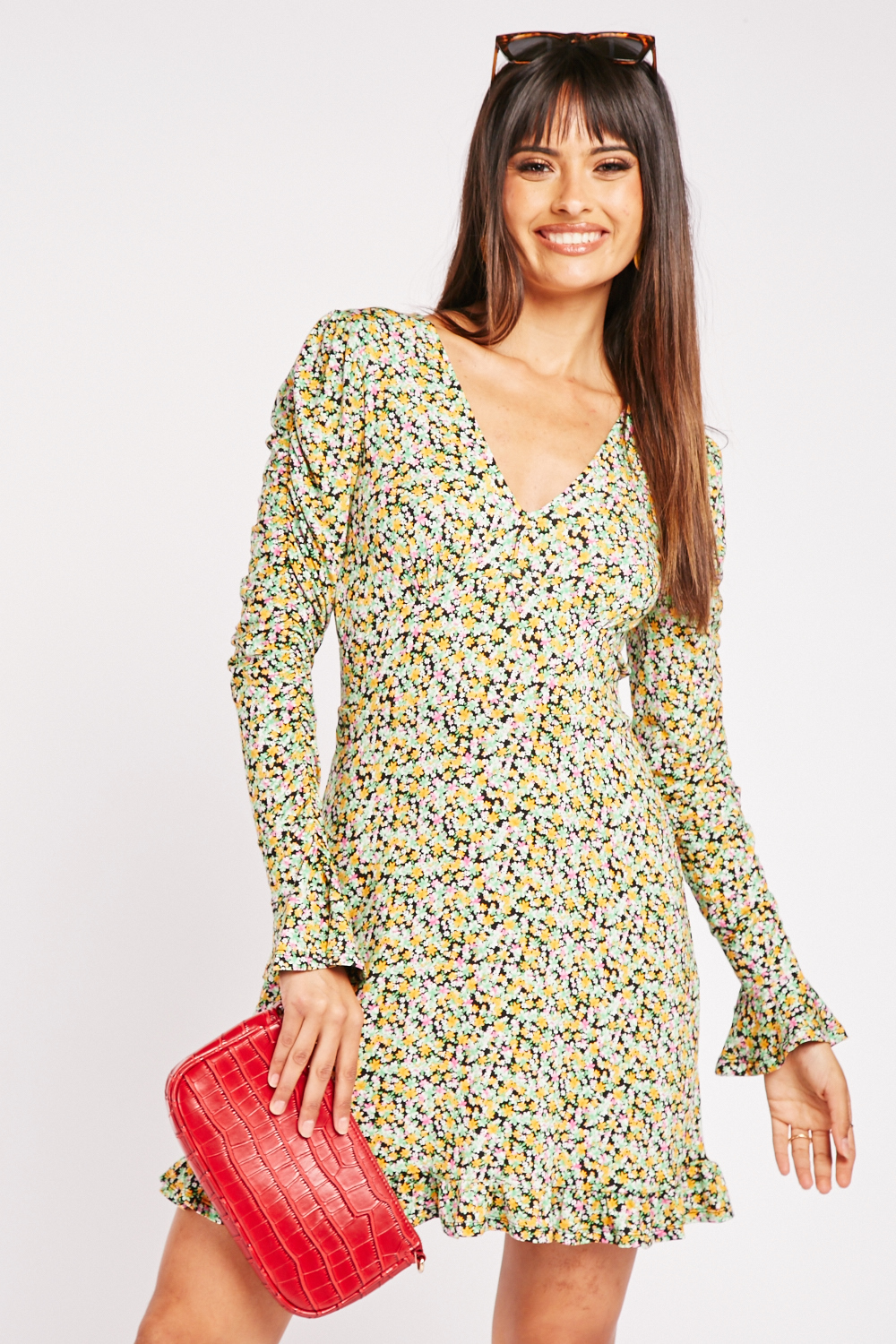 Long sleeve floral shift dress hotsell