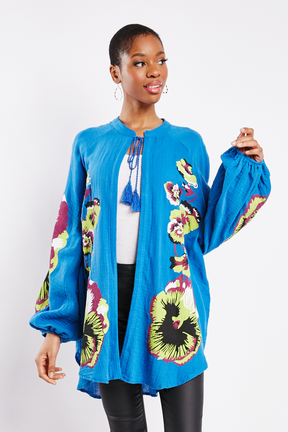 Printed Tassel Neckline Kimono