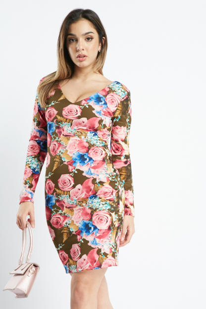 Rose Print Bodycon Mini Dress