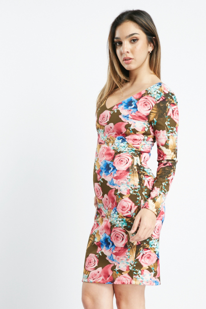 Rose Print Bodycon Mini Dress