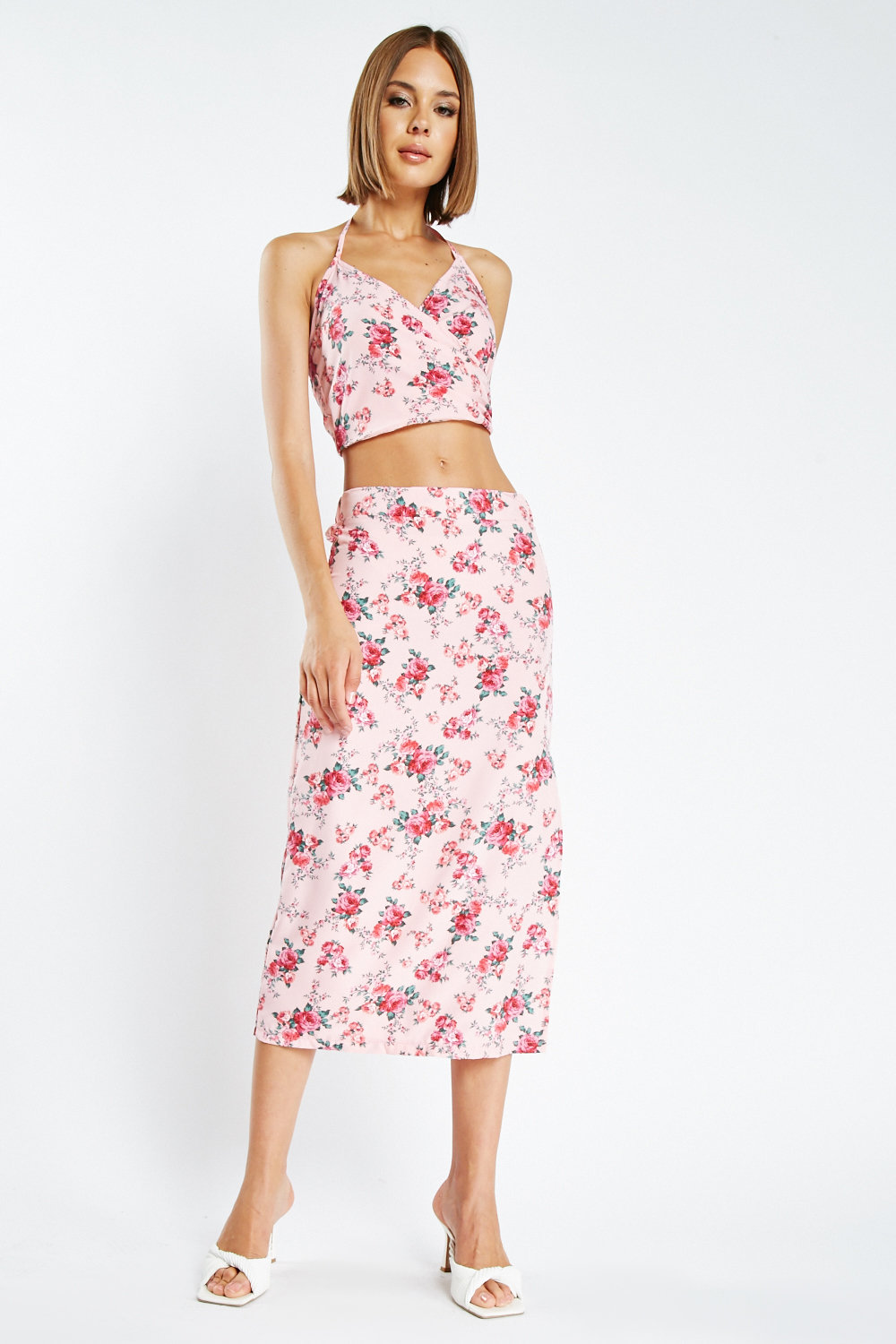 Rose Print Top And Skirt Set