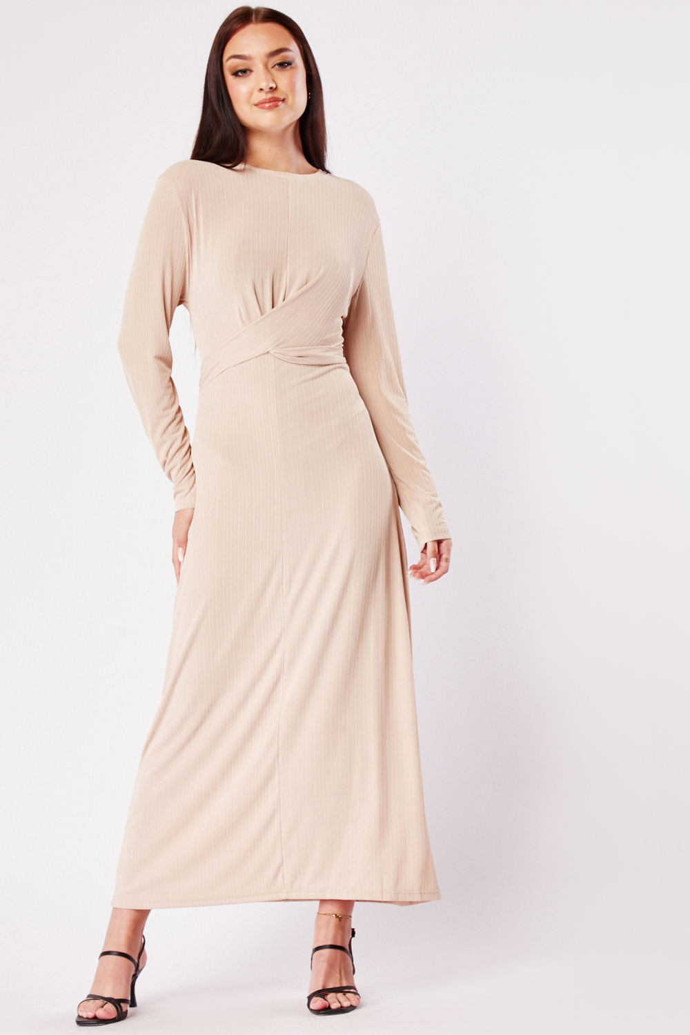 Textured Twisted Front Long Sleeve Dress
